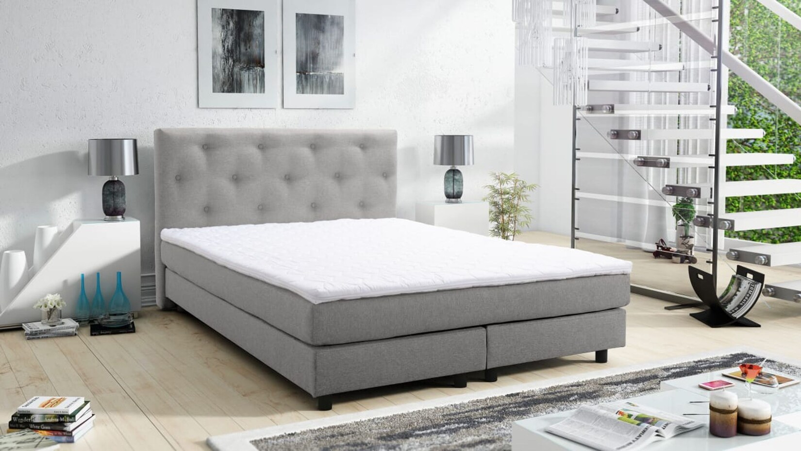 Boxspringbett Boxbett Glenn 1 Chester Hotelbett 140×200 Bett Topper hellgrau | 04260304598436