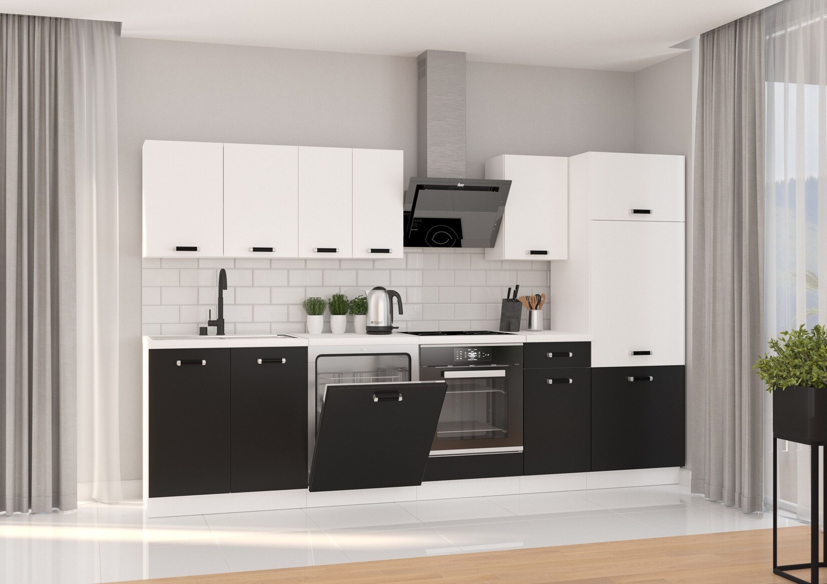 Küche Omega XL 300 cm Küchenzeile Küchenblock Einbauküche Schwarz + Weiß matt | 04260304598719