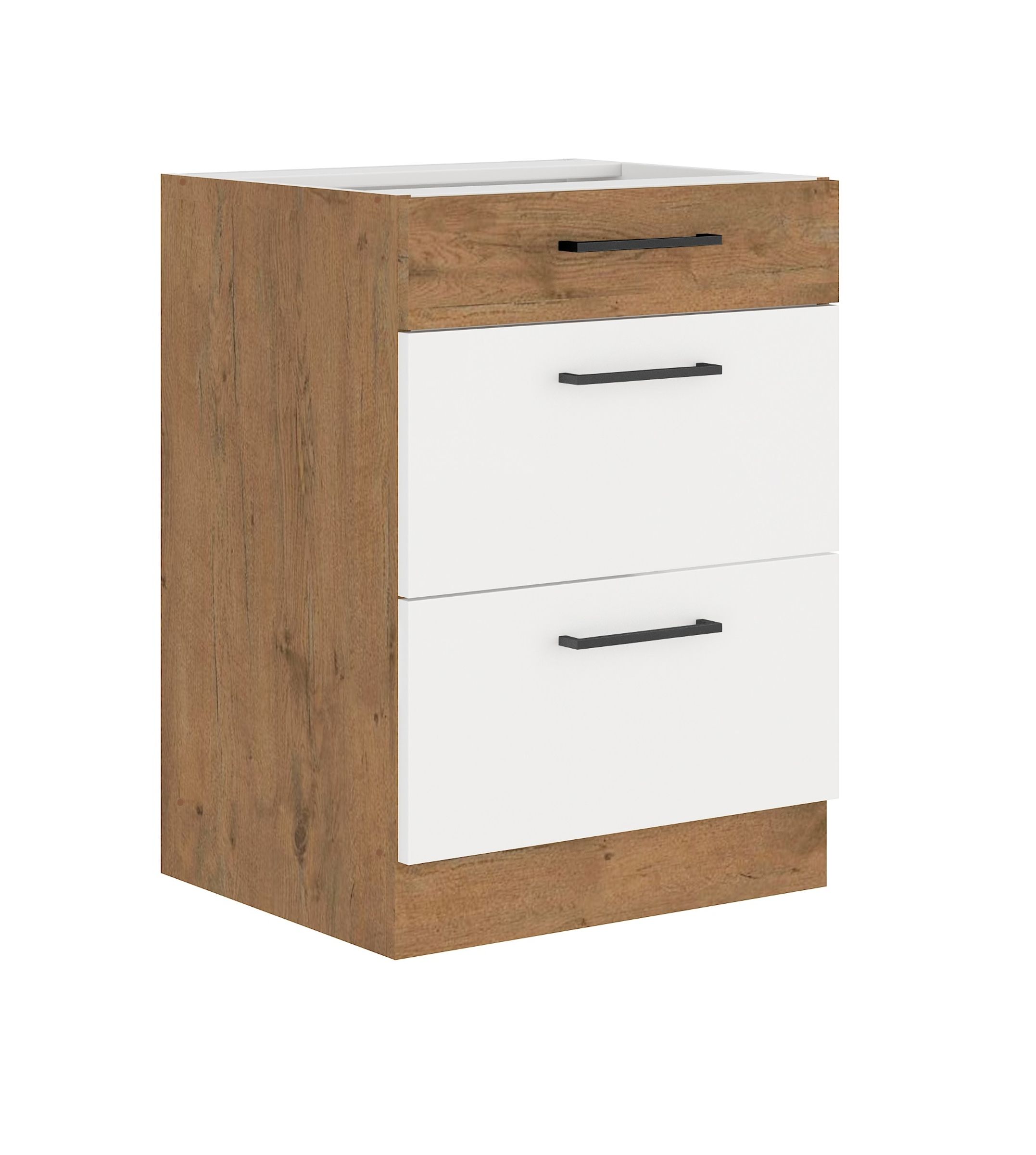 Vigo Unterschrank 60 Eiche Lancelot Wei&szlig; Hochglanz Vollauszug Soft-Close K&uuml;che - Bild 1