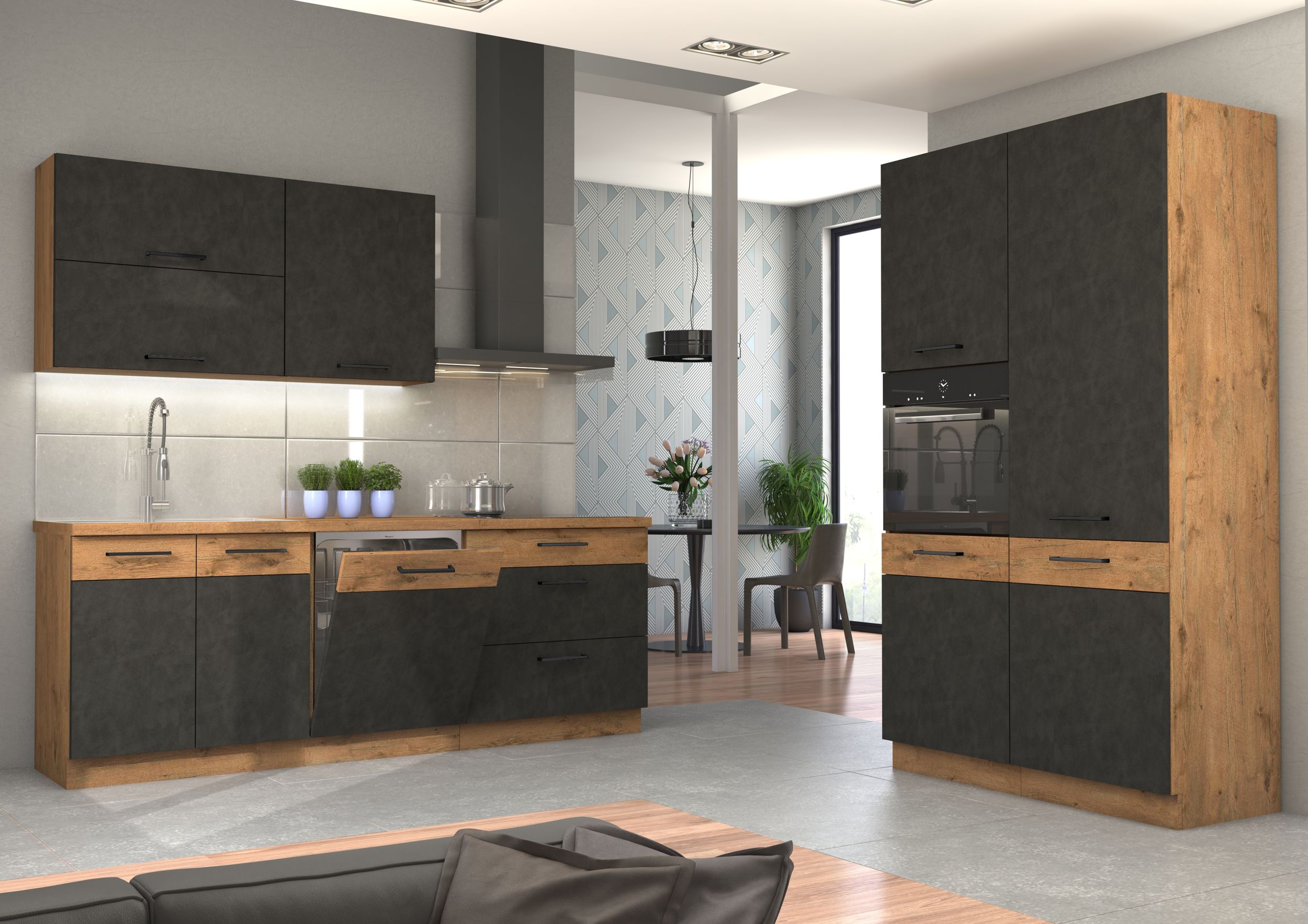 K&uuml;che VIGO Matera Grau Lancelot 220 + 120 cm K&uuml;chenzeile K&uuml;chenblock Einbauk&uuml;che - Bild 1