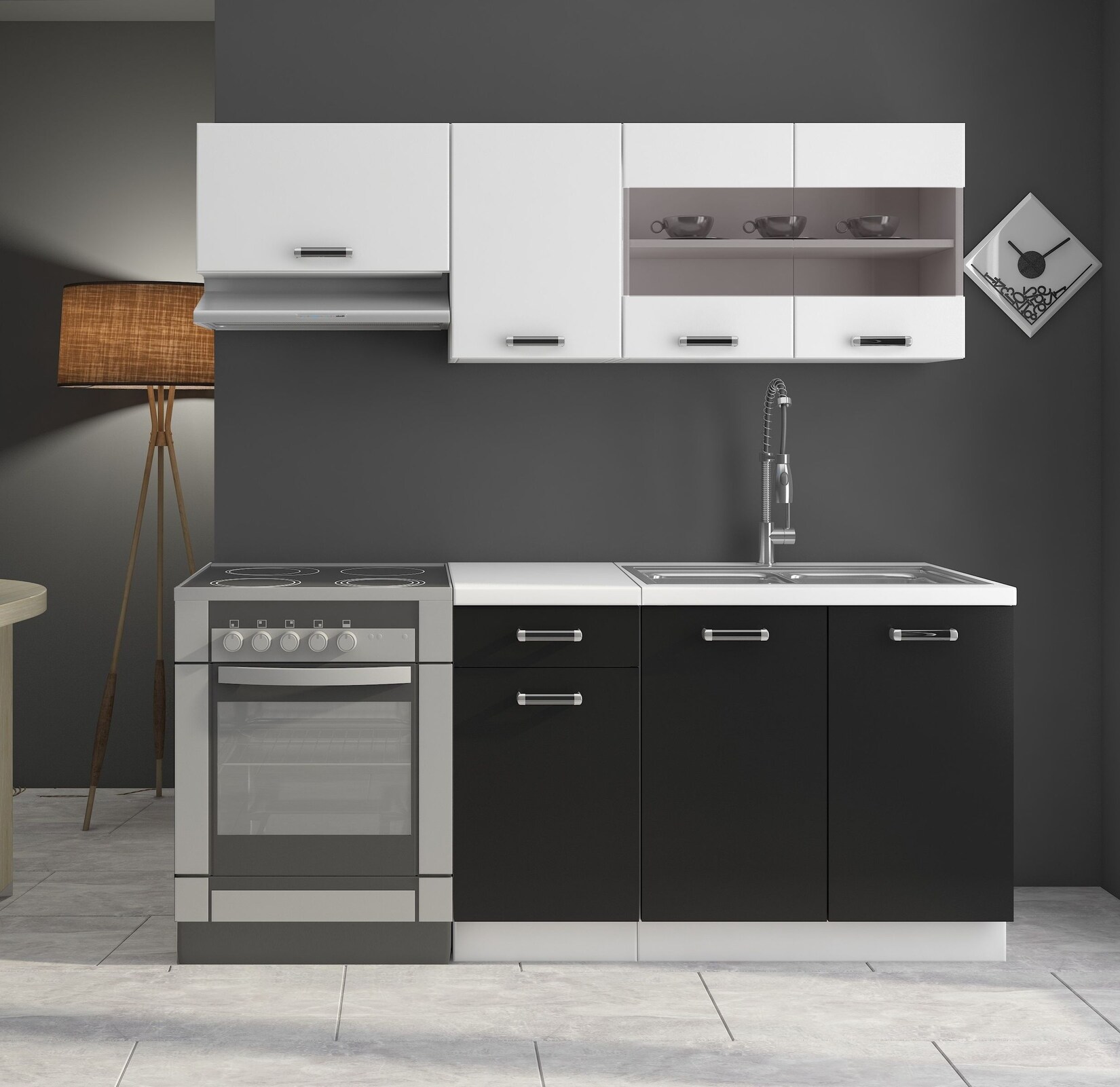 Küche Omega Mini 180 cm Küchenzeile Küchenblock Singleküche Schwarz Weiss | 04262354970002