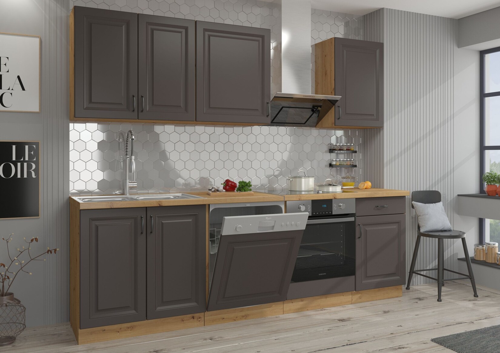 Küche Stilo Grau + Eiche Artisan 250 cm Küchenzeile Küchenblock Einbauküche | 04262354970330