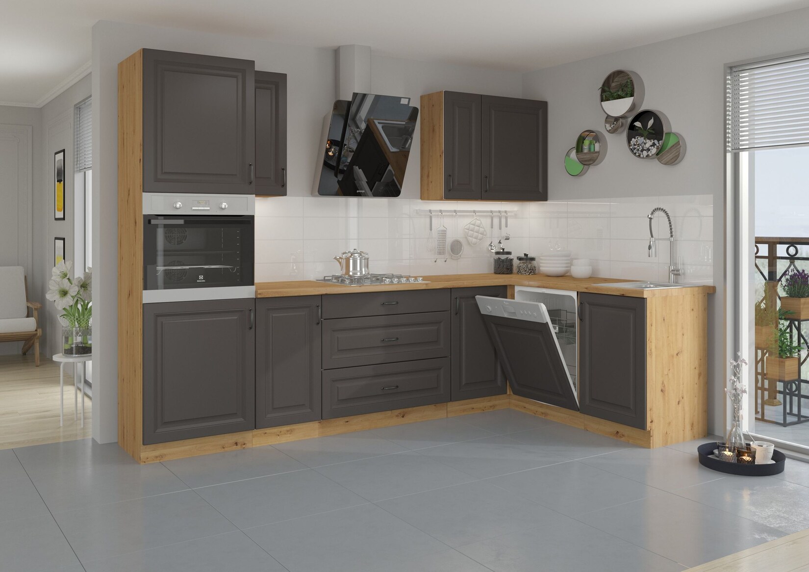 Küche Stilo Grau + Eiche Artisan Küchenzeile Küchenblock Einbauküche Winkelküche | 04262354970361