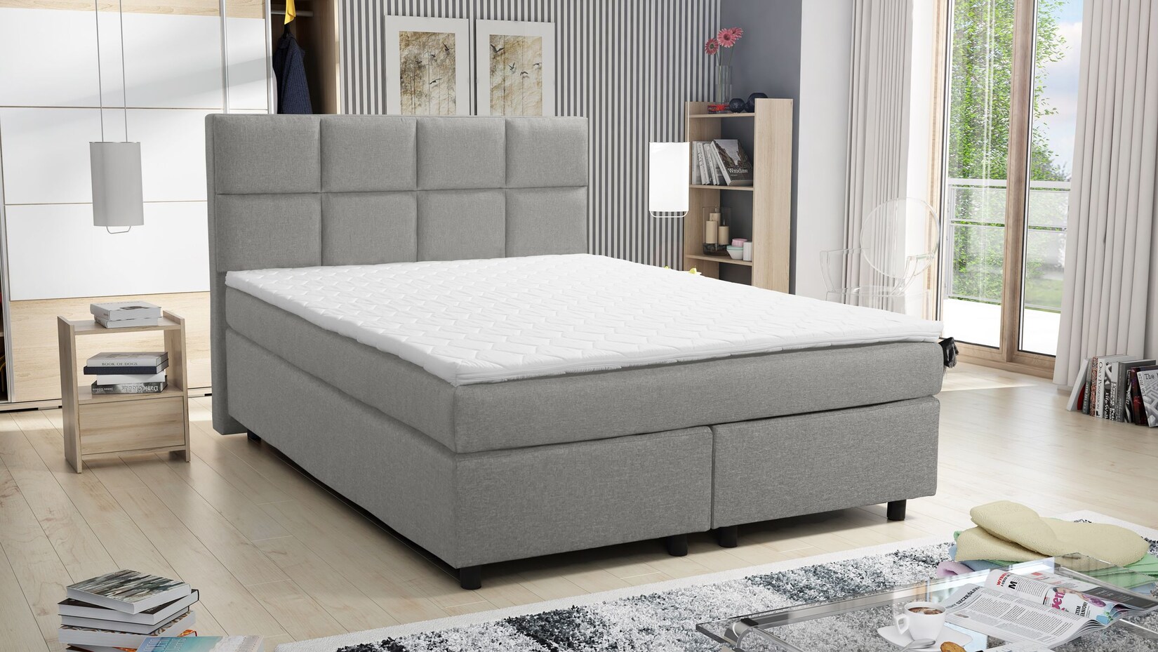Boxspringbett 140×200 Hotelbett Bonellfederkern Bett Topper Paxos 1 Tablet hellgrau | 04262354970897