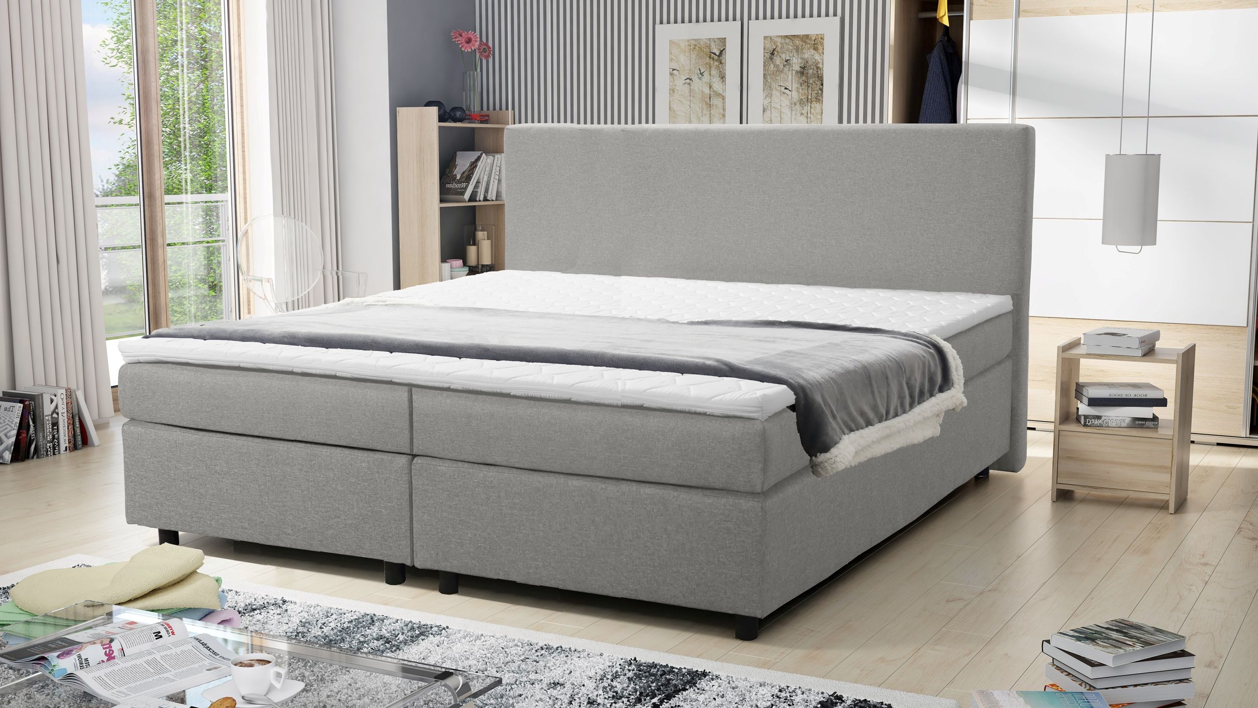 Boxspringbett 180x200 Hotelbett Bonellfederkern Bett mit Topper Paxos 4 hellgrau - Bild 1