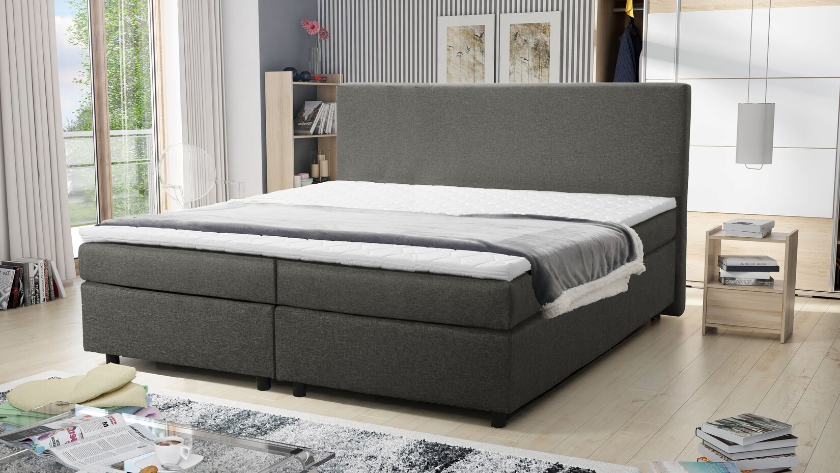 Boxspringbett 180×200 Hotelbett Bonellfederkern Bett mit Topper Paxos 5 grau | 04262354970941