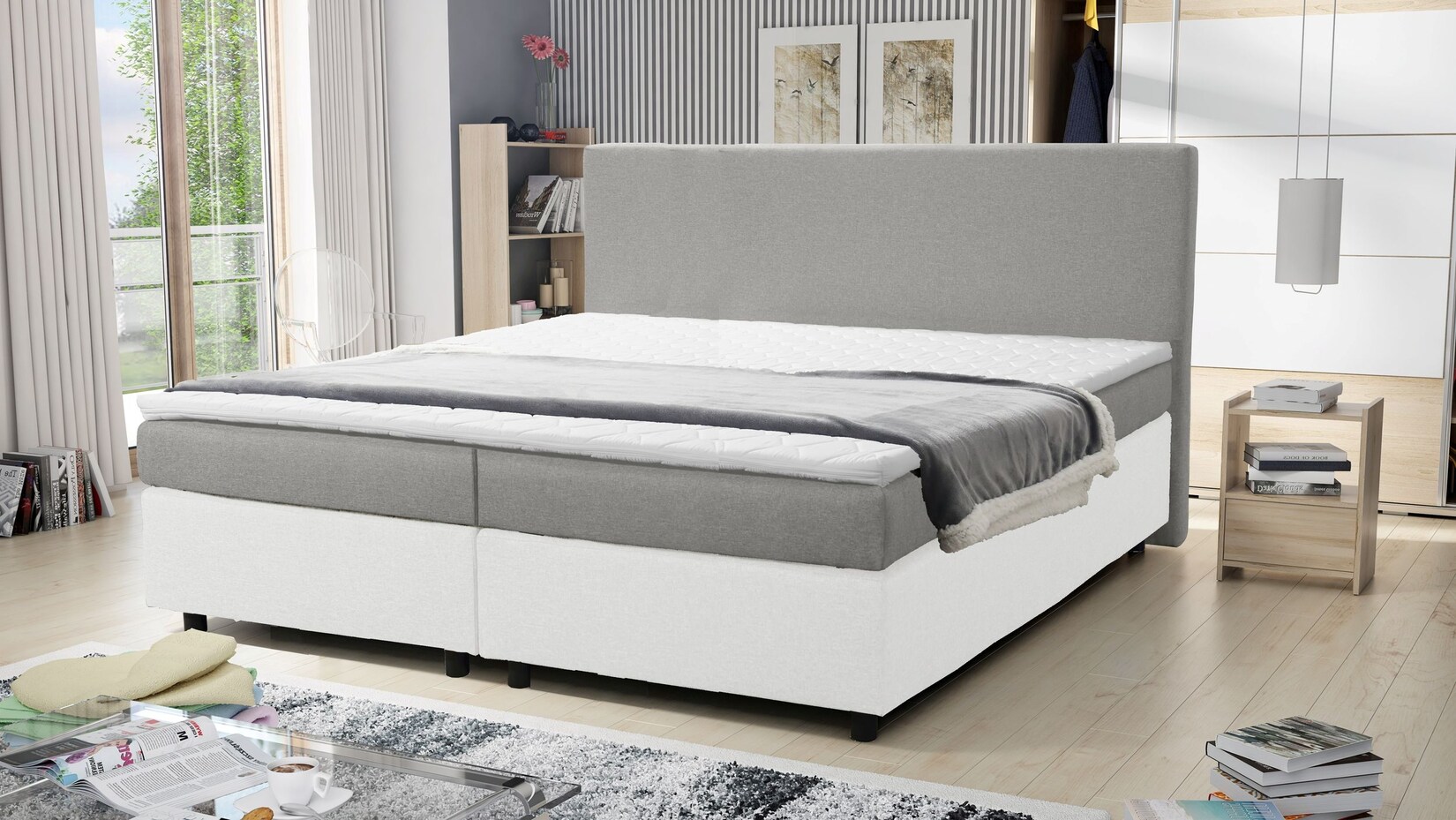 Boxspringbett 180×200 Hotelbett Bonellfederkern Bett Topper Paxos 6 Grau Weiß | 04262354970958