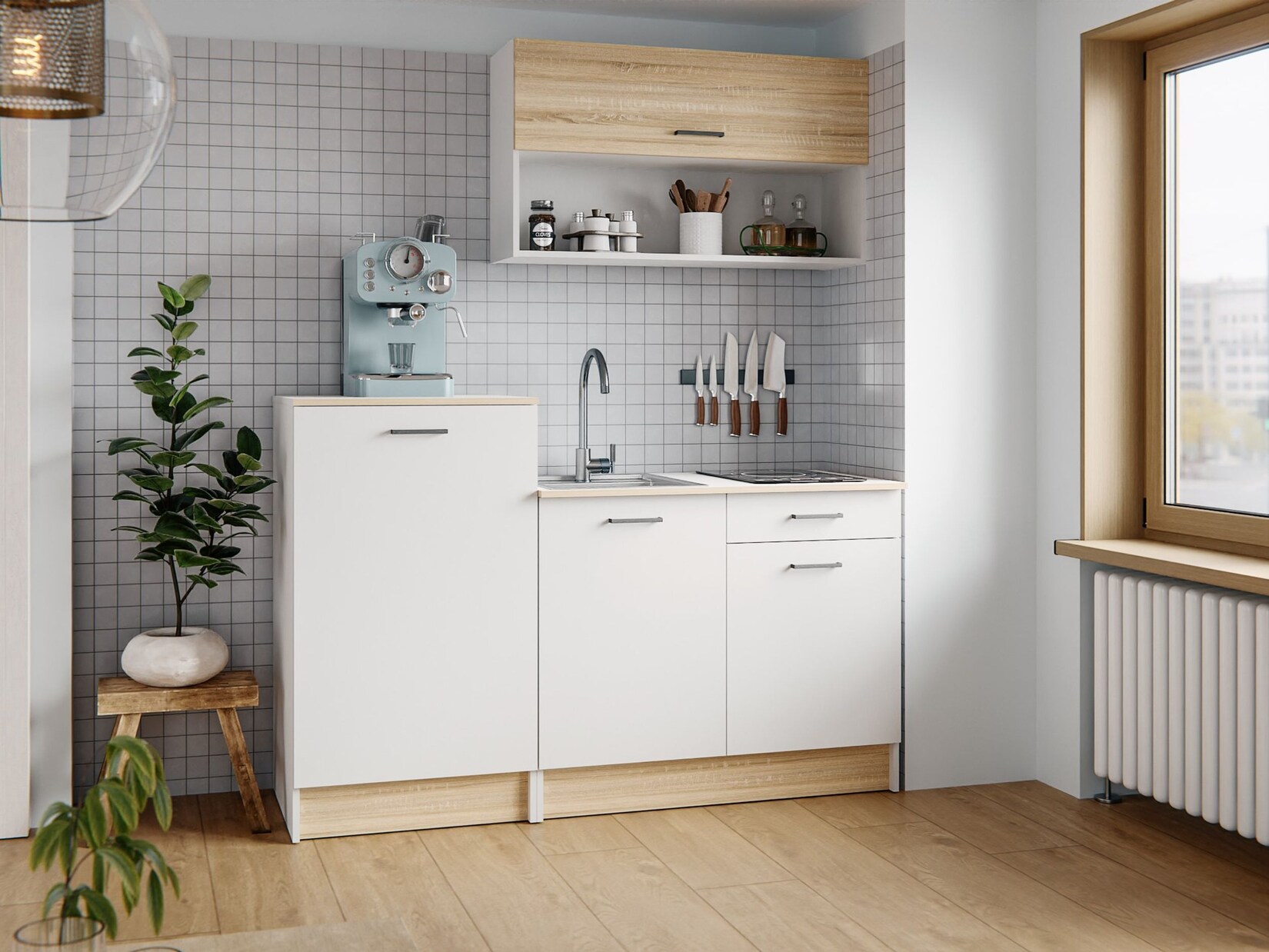 Singleküche 160 cm Küchenzeile Küchenblock Einbauküche Küche Weiß + Eiche Sonoma | 04262354975502