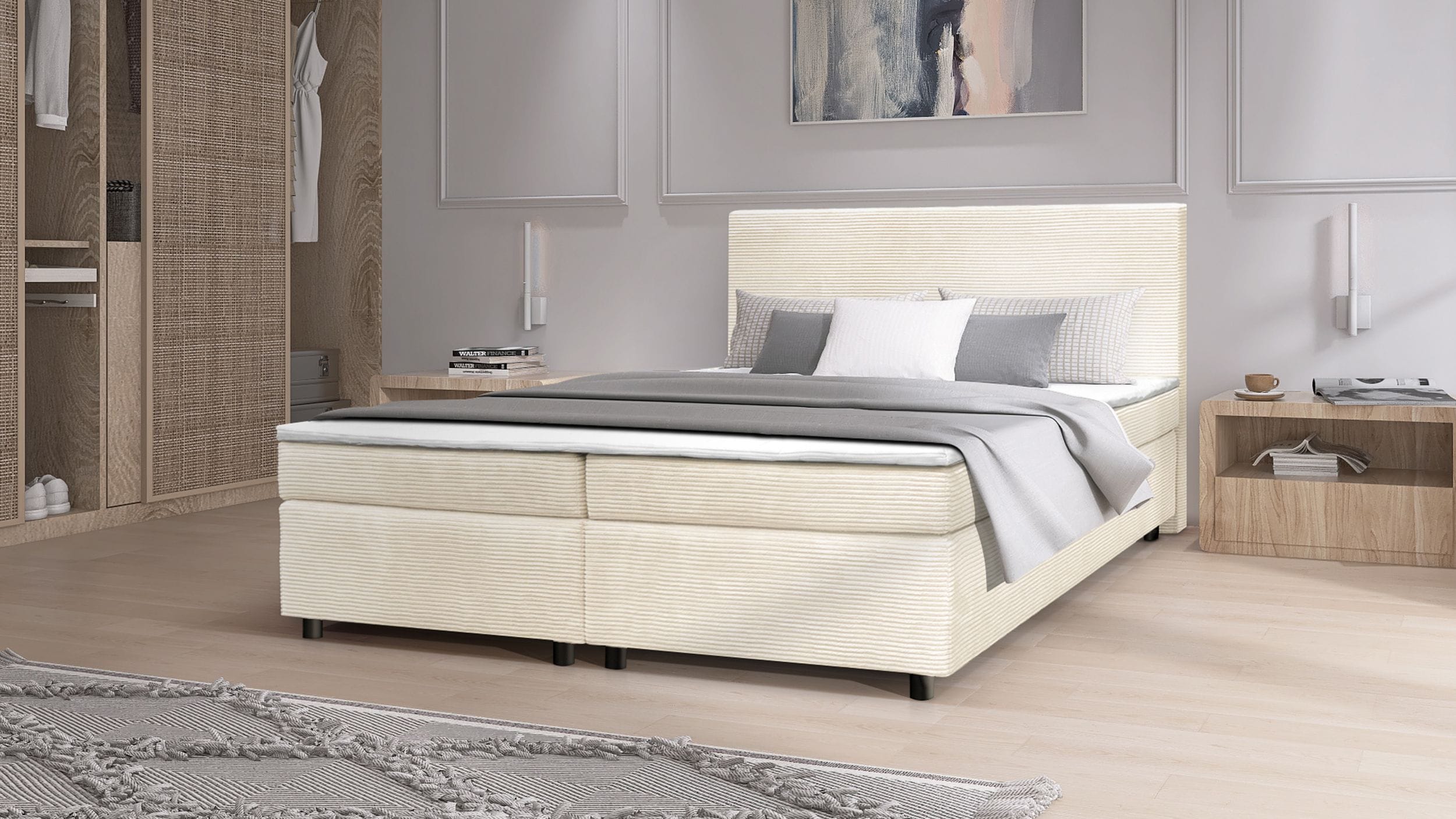Boxspringbett Paxos Cordstoff Beige 180x200 Hotelbett Bonellfederkern Bett - Bild 1