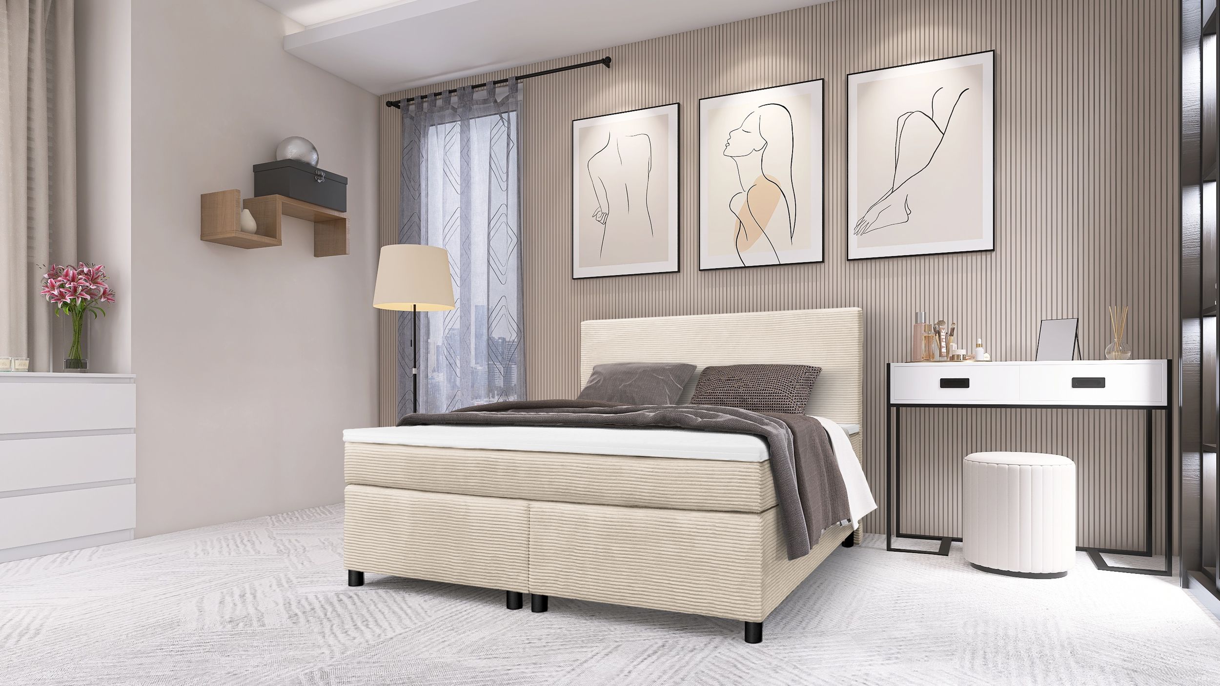 Boxspringbett Paxos Cordstoff Beige 140x200 Hotelbett Bonellfederkern Bett - Bild 1