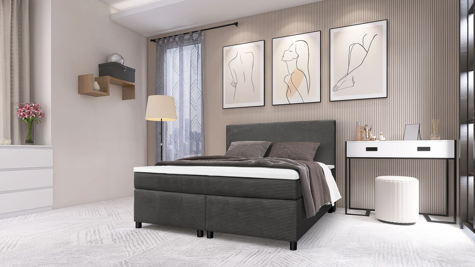 Boxspringbett Paxos Cordstoff Graphite 140×200 Hotelbett Bonellfederkern Bett | 04262354976301