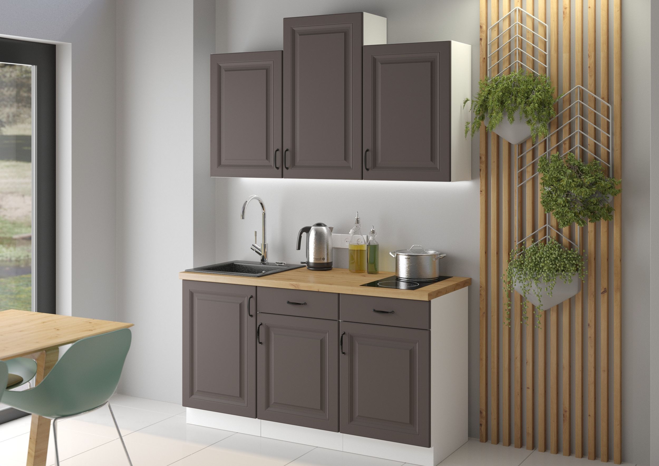 Landhaus K&uuml;che Stilo Grau 150 cm K&uuml;chenzeile K&uuml;chenblock Einbauk&uuml;che Singlek&uuml;che - Bild 1