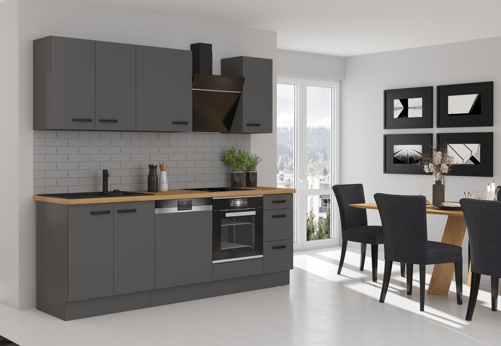 Küche NESSA Basic 240 cm Anthrazit Grau Küchenzeile Küchenblock Einbauküche | 04262354979159