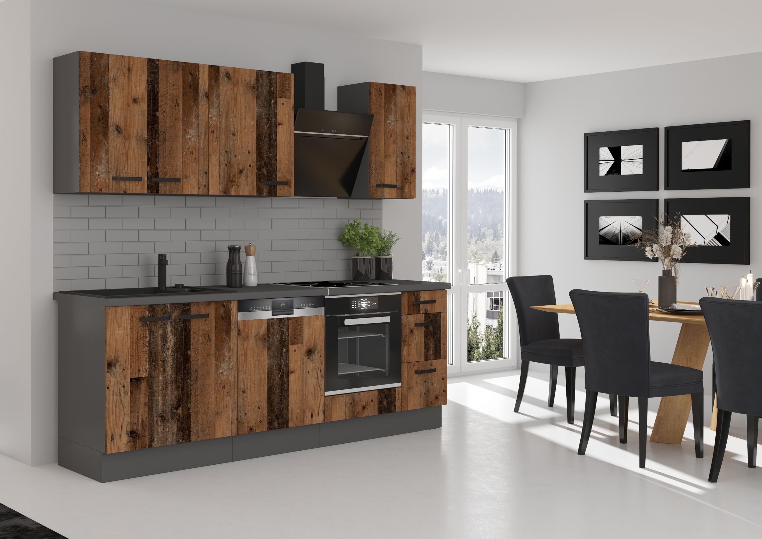 K&uuml;che OLD STYLE Basic 240 cm Old Wood Optik K&uuml;chenzeile K&uuml;chenblock Einbauk&uuml;che - Bild 1