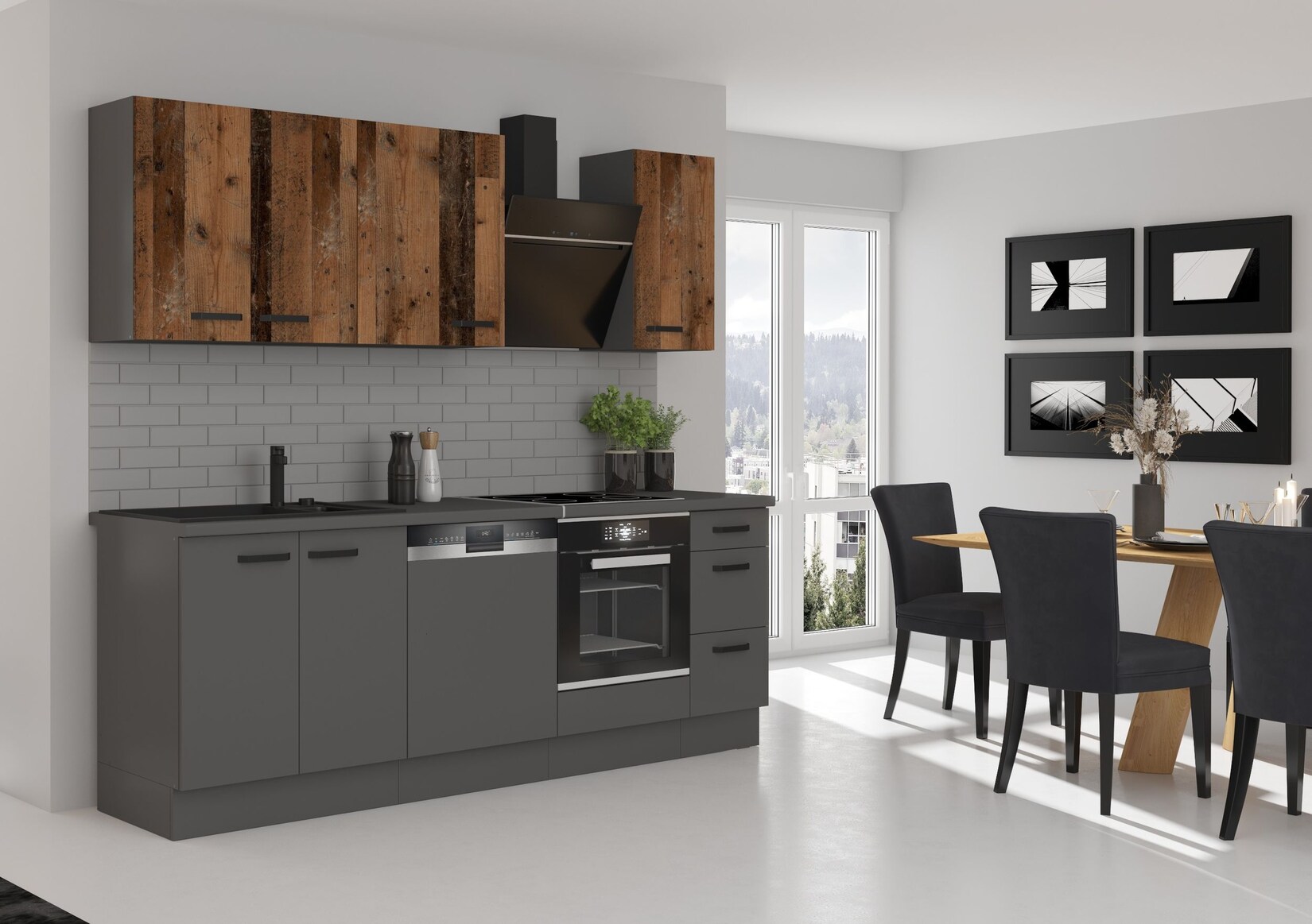 Küche NESSA + OLD STYLE Basic 240 cm Old Wood Optik Küchenzeile Küchenblock | 04262354979234