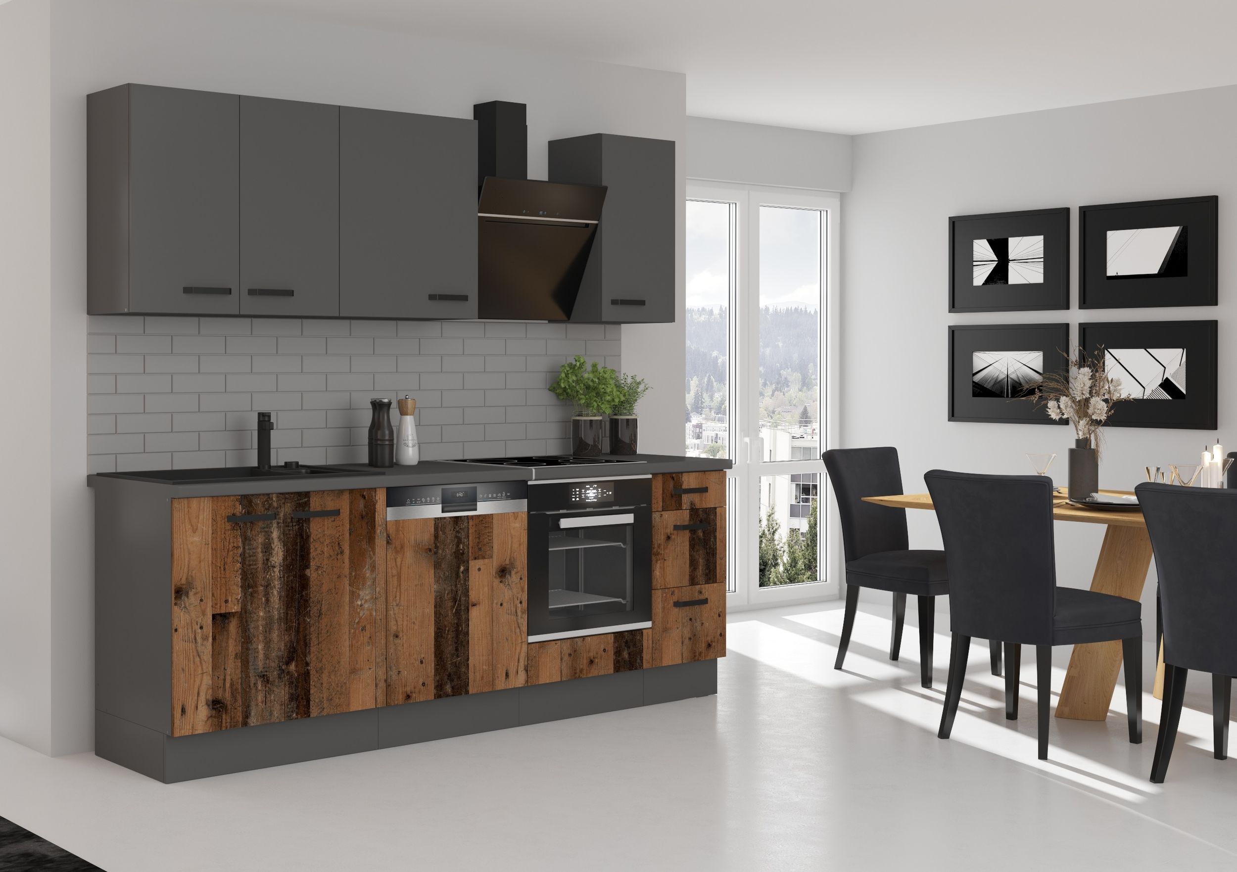K&uuml;che OLD STYLE + NESSA Basic 240 cm Old Wood Optik K&uuml;chenzeile K&uuml;chenblock - Bild 1