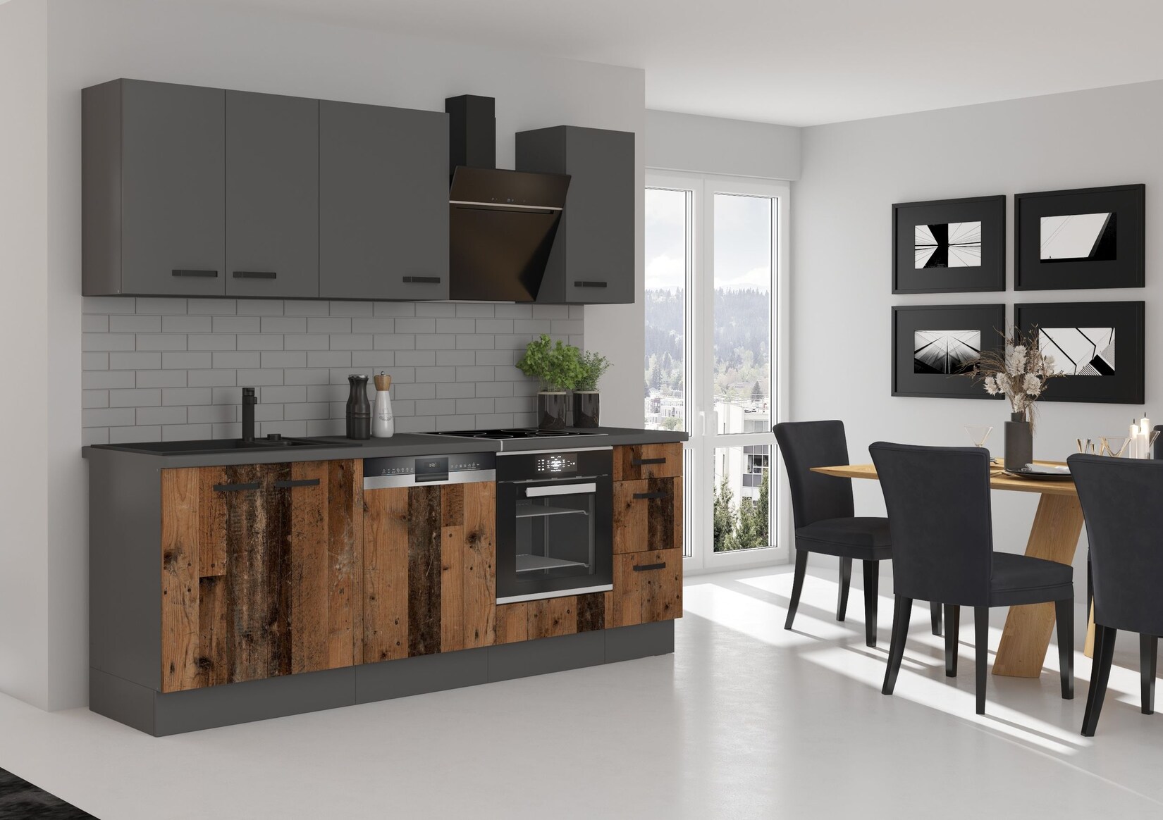 Küche OLD STYLE + NESSA Basic 240 cm Old Wood Optik Küchenzeile Küchenblock | 04262354979241