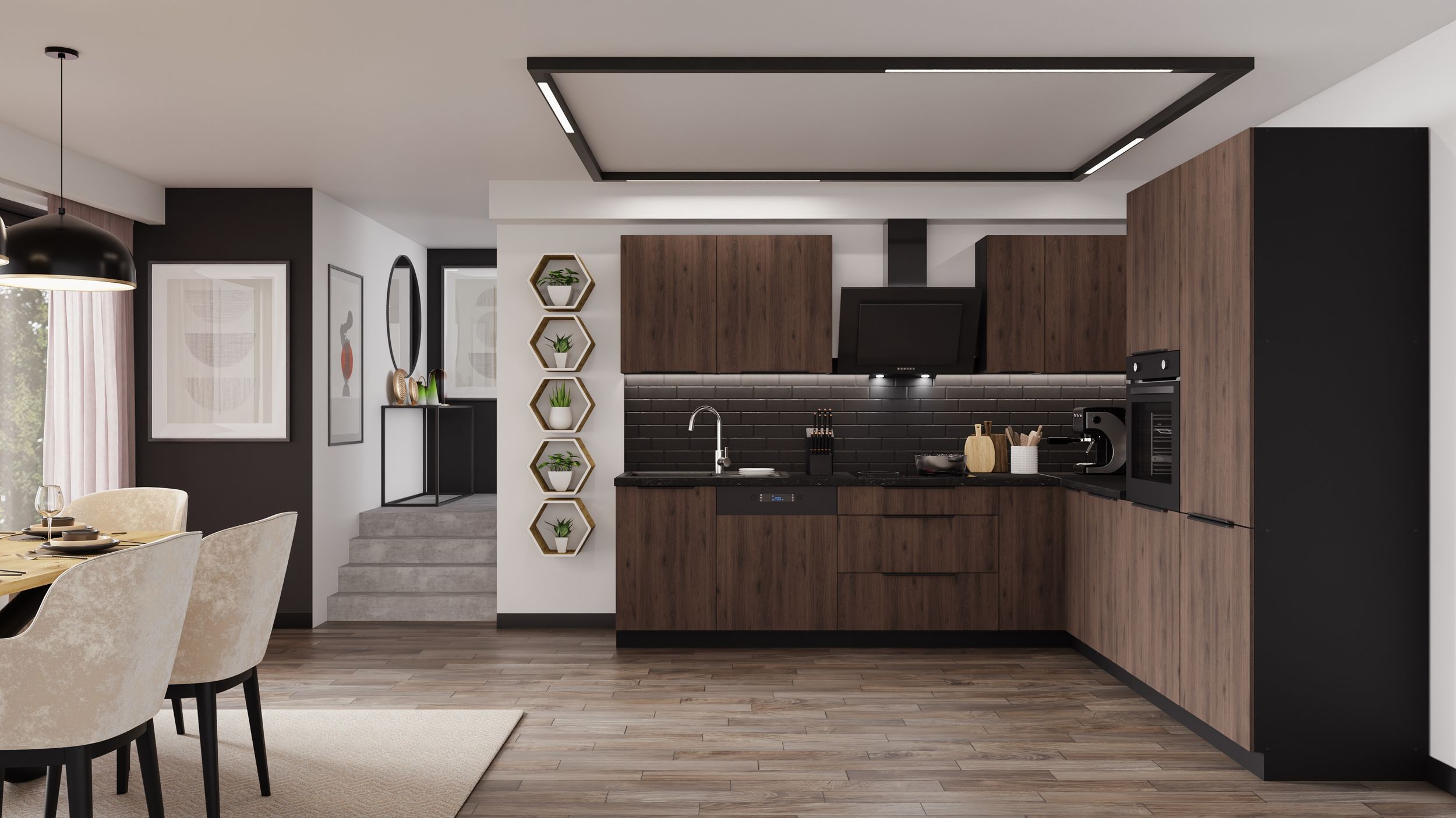 Winkelk&uuml;che MONZA 280x270 cm K&uuml;chenzeile Eckk&uuml;che K&uuml;che Nu&szlig;baum Okapi Schwarz - Bild 1