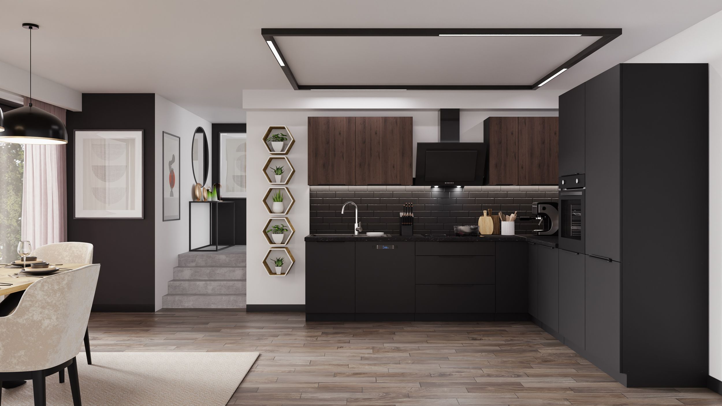 Winkelk&uuml;che SIENA + MONZA 280x270 cm K&uuml;chenzeile Eckk&uuml;che K&uuml;che Nu&szlig;baum Schwarz - Bild 1