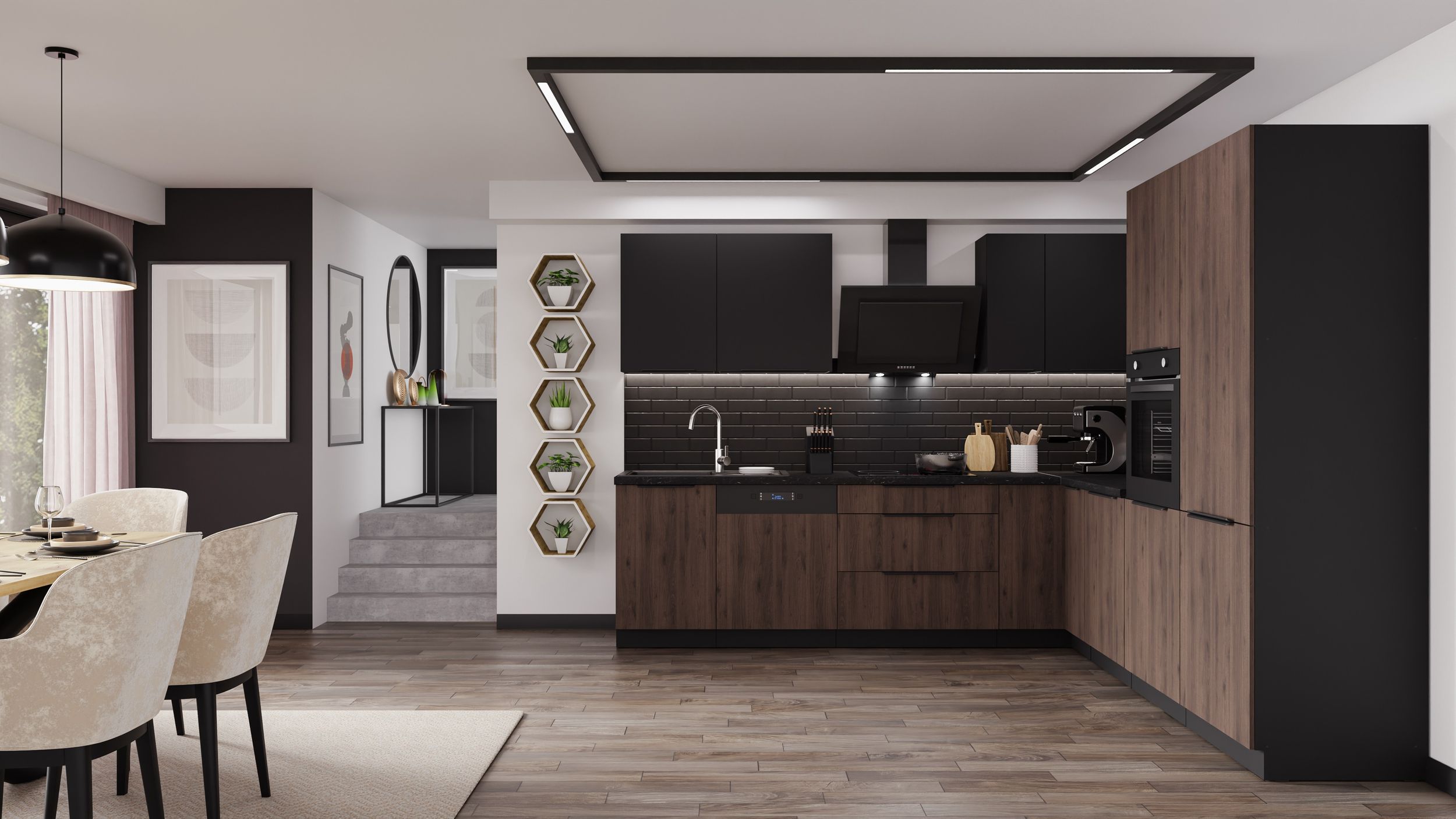 Winkelk&uuml;che MONZA + SIENA 280x270 cm K&uuml;chenzeile Eckk&uuml;che K&uuml;che Nu&szlig;baum Schwarz - Bild 1