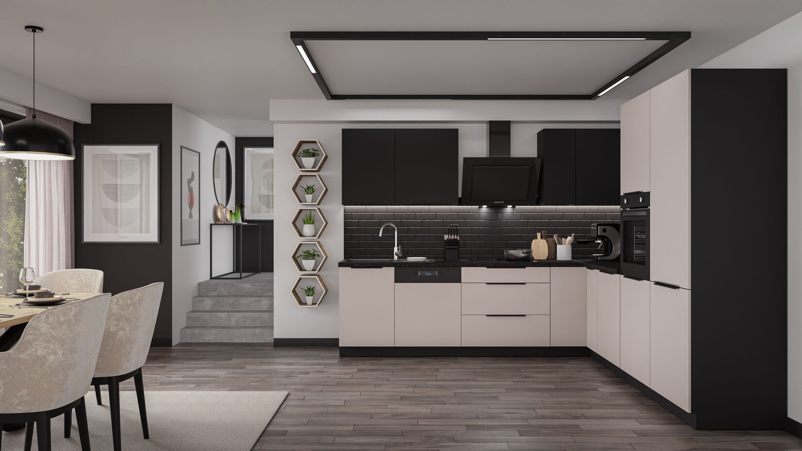 Winkelküche ARONA + SIENA 280×270 Küchenzeile Eckküche Küche Kaschmir + Schwarz | 04255832100978