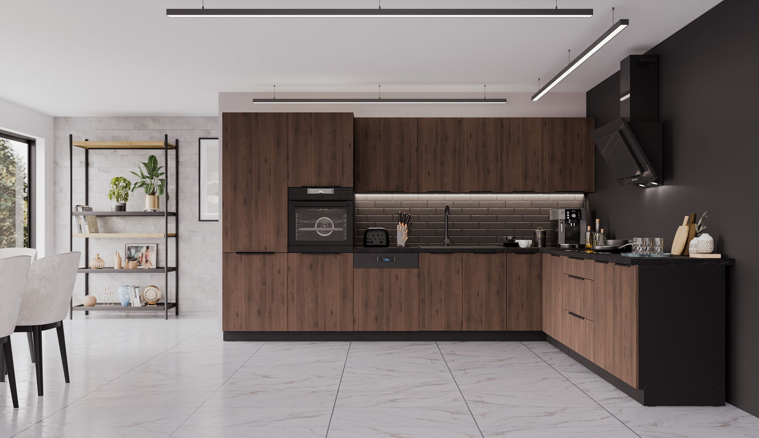 Winkelk&uuml;che MONZA 350x290 cm K&uuml;chenzeile Eckk&uuml;che K&uuml;che Nu&szlig;baum Okapi Schwarz - Bild 1