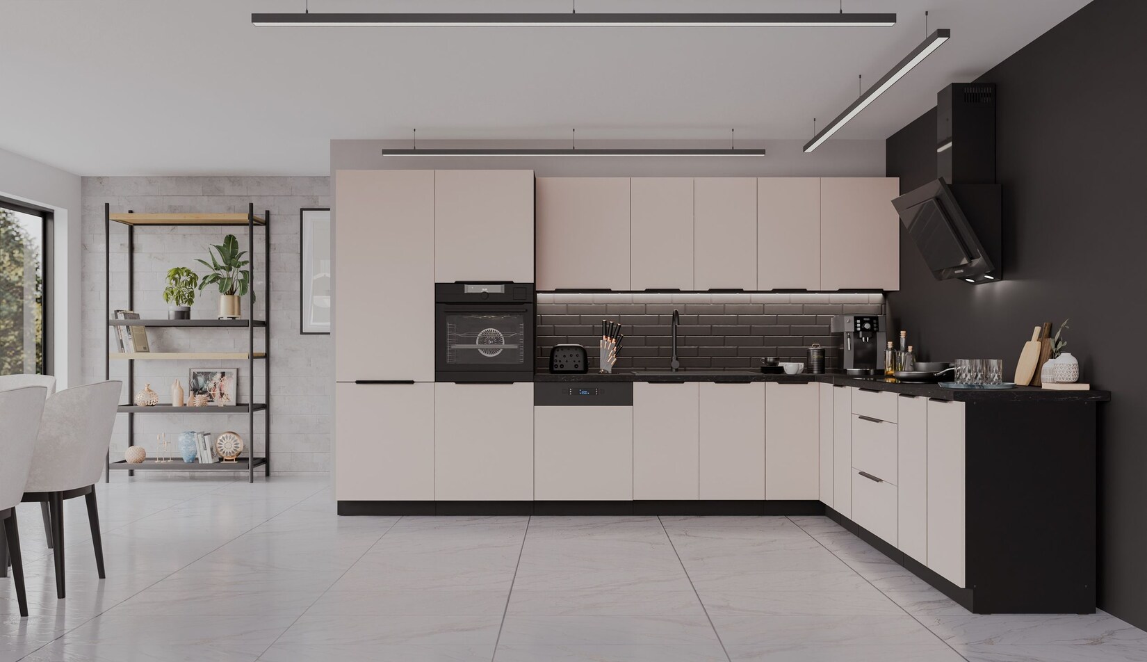 Winkelküche ARONA 350×290 cm Küchenzeile Eckküche Küche Kaschmir beige + Schwarz | 04255832101012