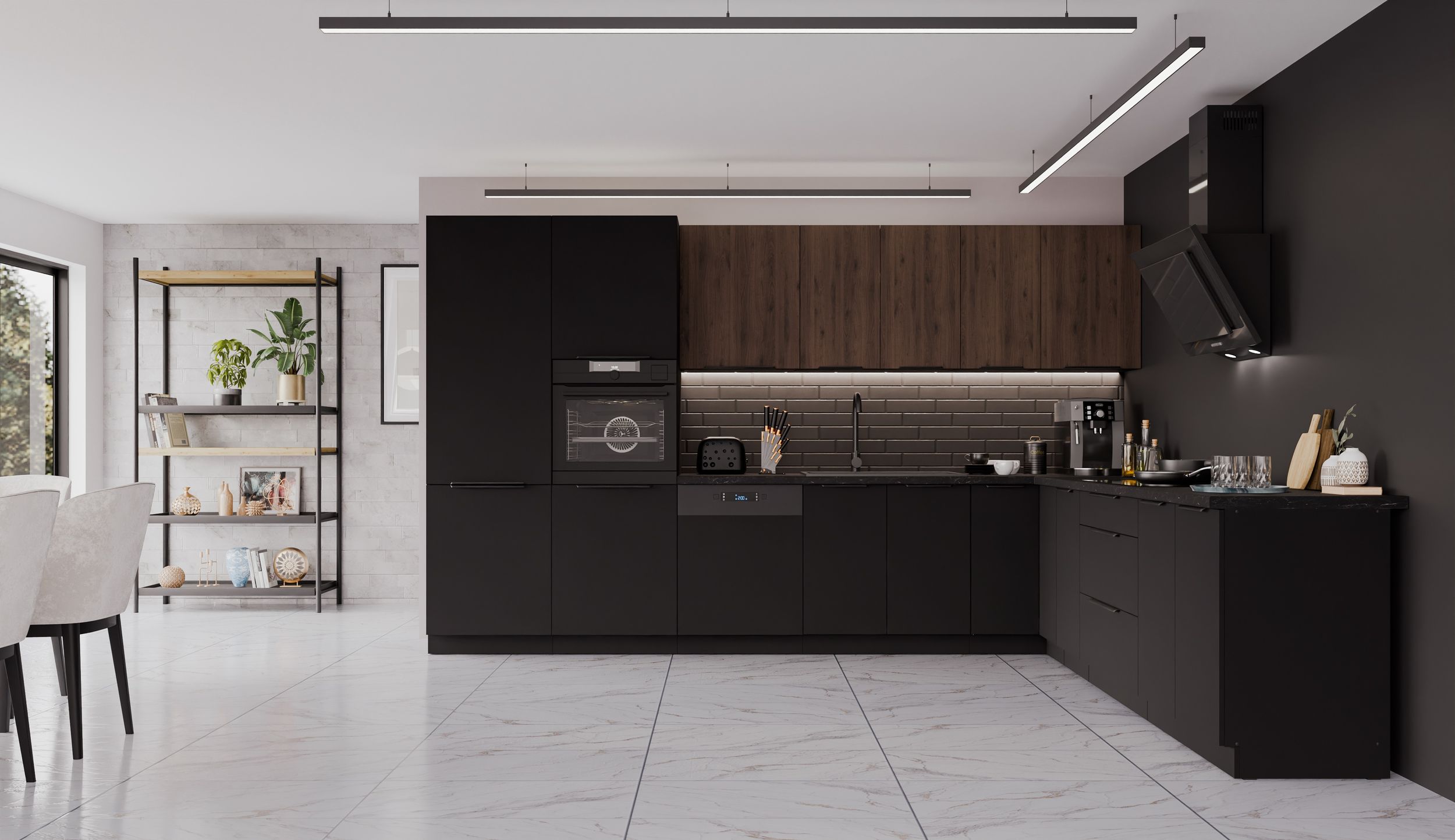 Winkelk&uuml;che SIENA + MONZA 350x290 cm K&uuml;chenzeile Eckk&uuml;che K&uuml;che Nu&szlig;baum Schwarz - Bild 1