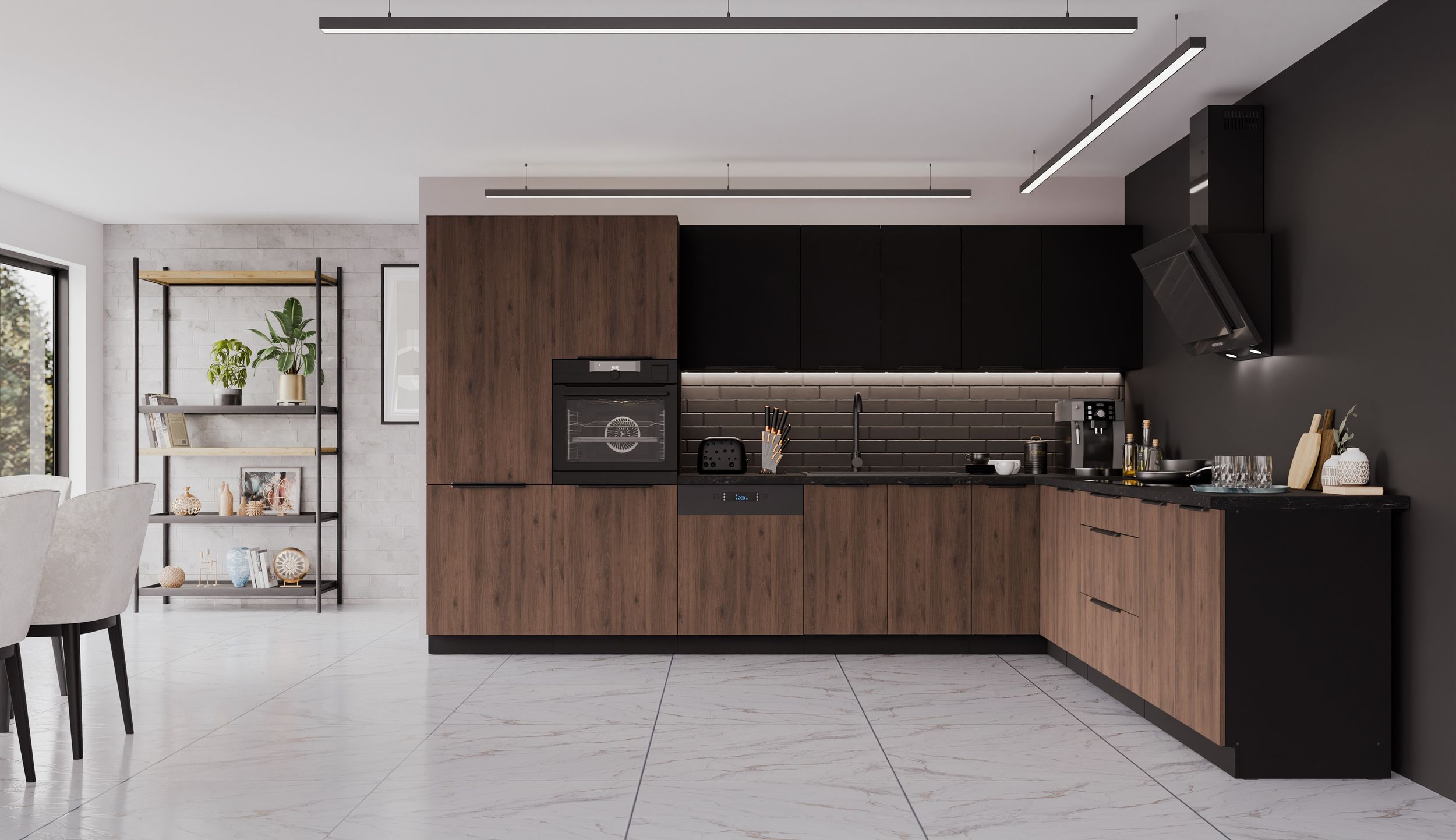 Winkelk&uuml;che MONZA + SIENA 350x290 cm K&uuml;chenzeile Eckk&uuml;che K&uuml;che Nu&szlig;baum Schwarz - Bild 1