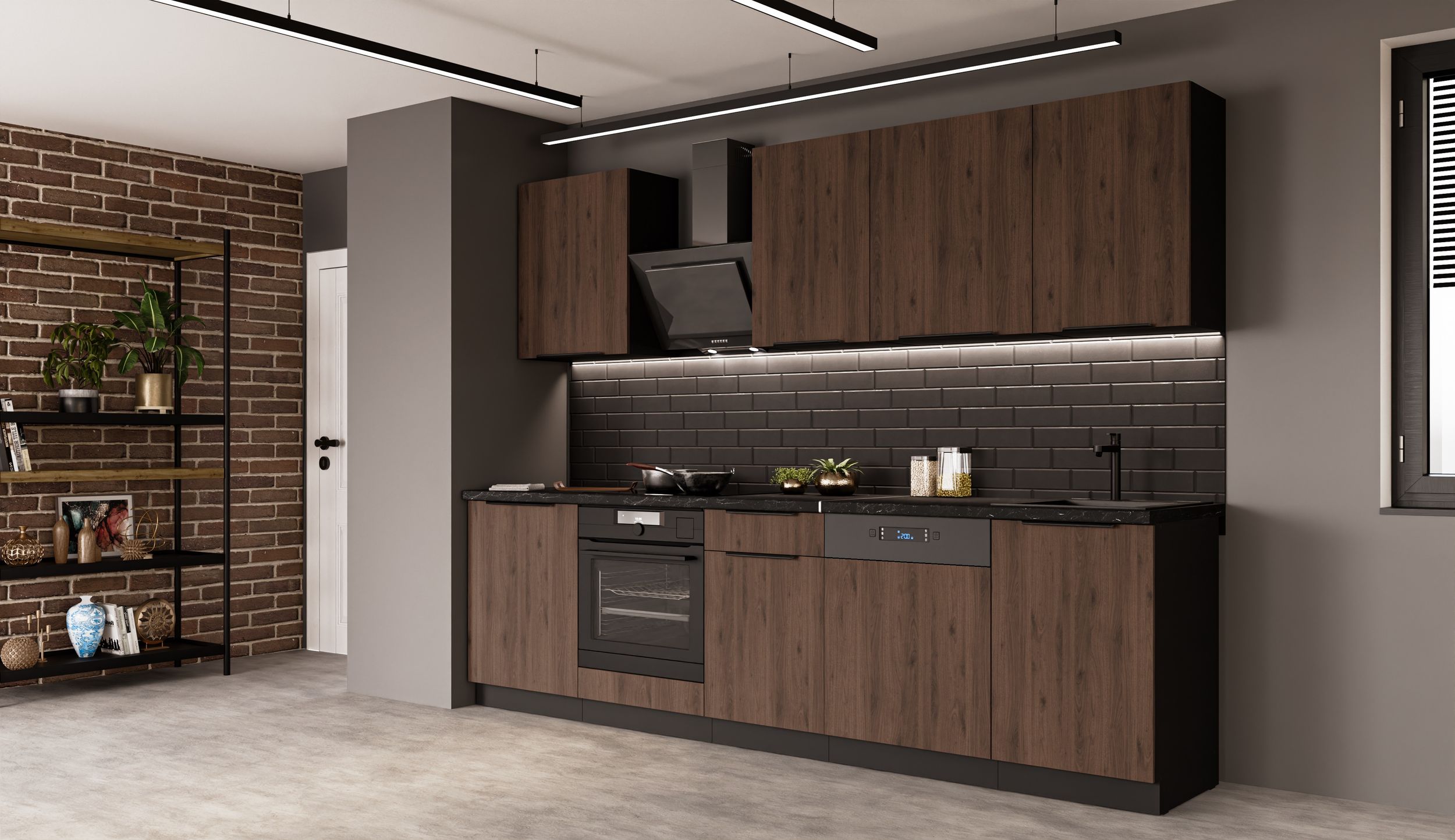 K&uuml;che MONZA BASIC 280 K&uuml;chenzeile K&uuml;chenblock Einbauk&uuml;che Nussbaum Okapi Schwarz - Bild 1