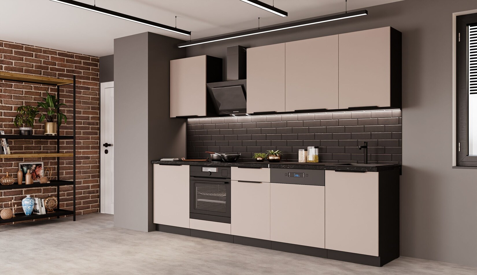 Küche ARONA BASIC 280 Küchenzeile Küchenblock Einbauküche Kaschmir beige Schwarz