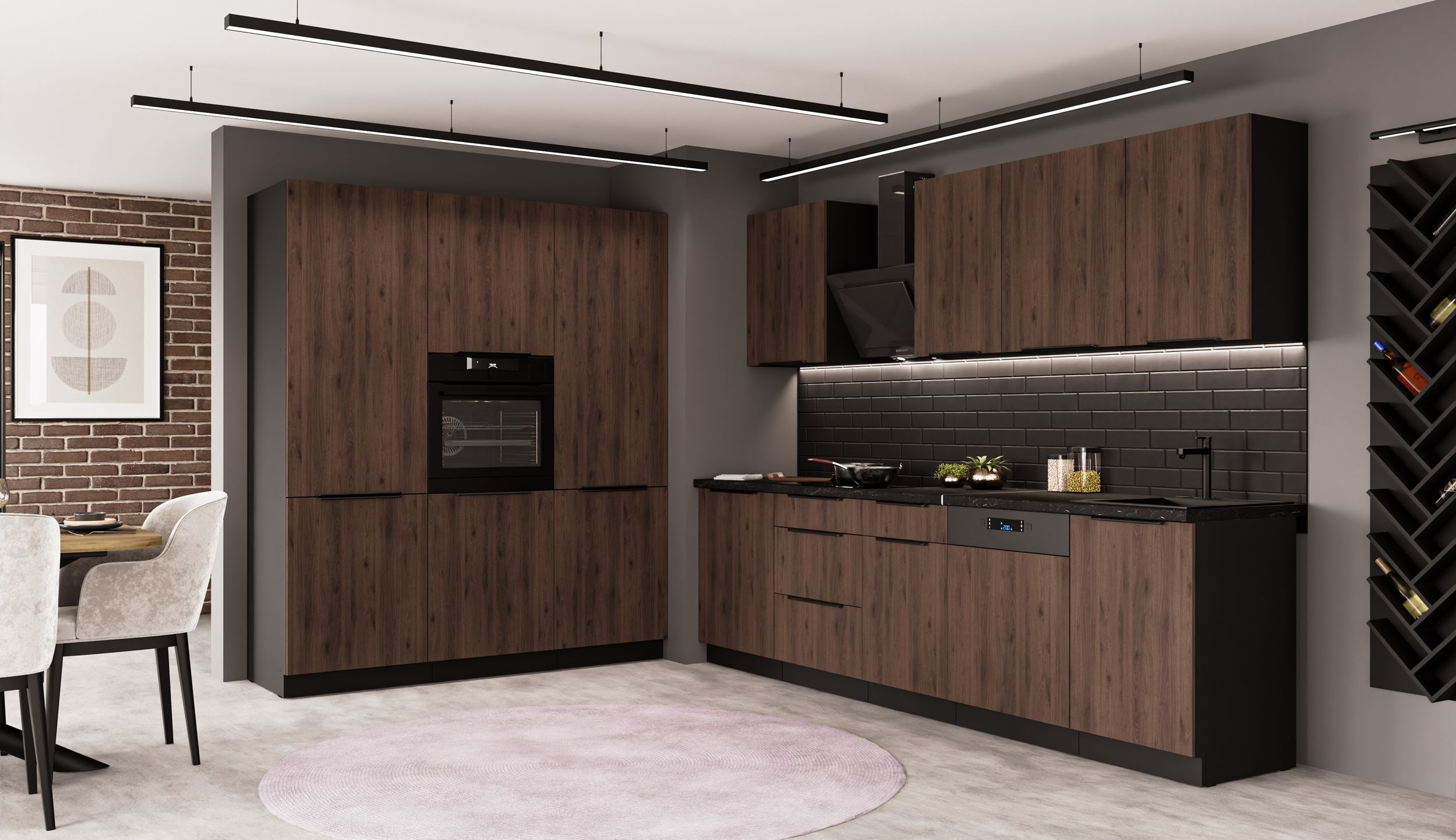 K&uuml;che MONZA 280 + 180 K&uuml;chenzeile K&uuml;chenblock Einbauk&uuml;che Nussbaum Okapi Schwarz - Bild 1