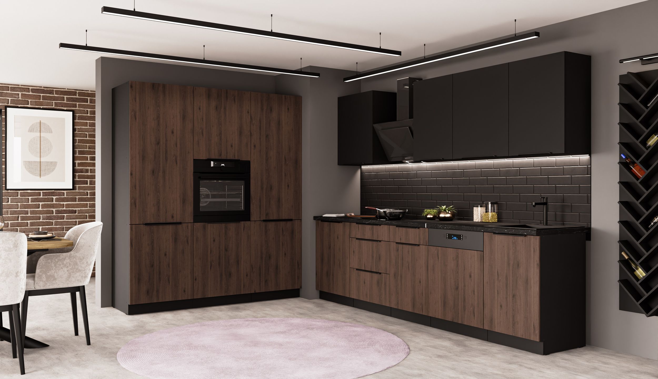 K&uuml;che MONZA SIENA 280 + 180 K&uuml;chenzeile K&uuml;chenblock Einbauk&uuml;che Nussbaum Schwarz - Bild 1