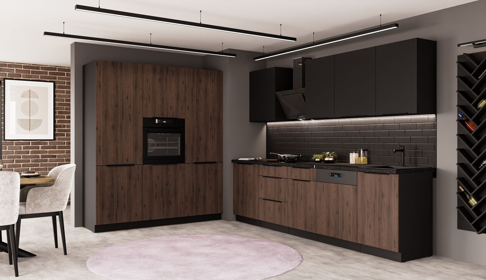 Küche MONZA SIENA 280 + 180 Küchenzeile Küchenblock Einbauküche Nussbaum Schwarz | 04255832101746