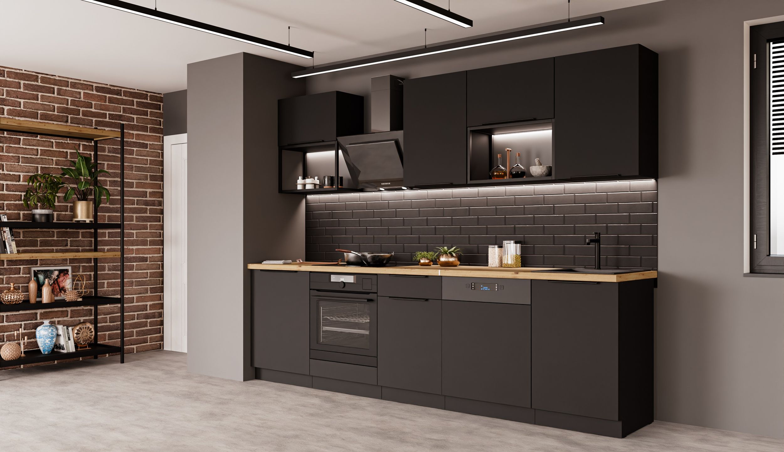 K&uuml;che SIENA BASIC LOFT 280 cm K&uuml;chenzeile K&uuml;chenblock Einbauk&uuml;che Schwarz matt - Bild 1