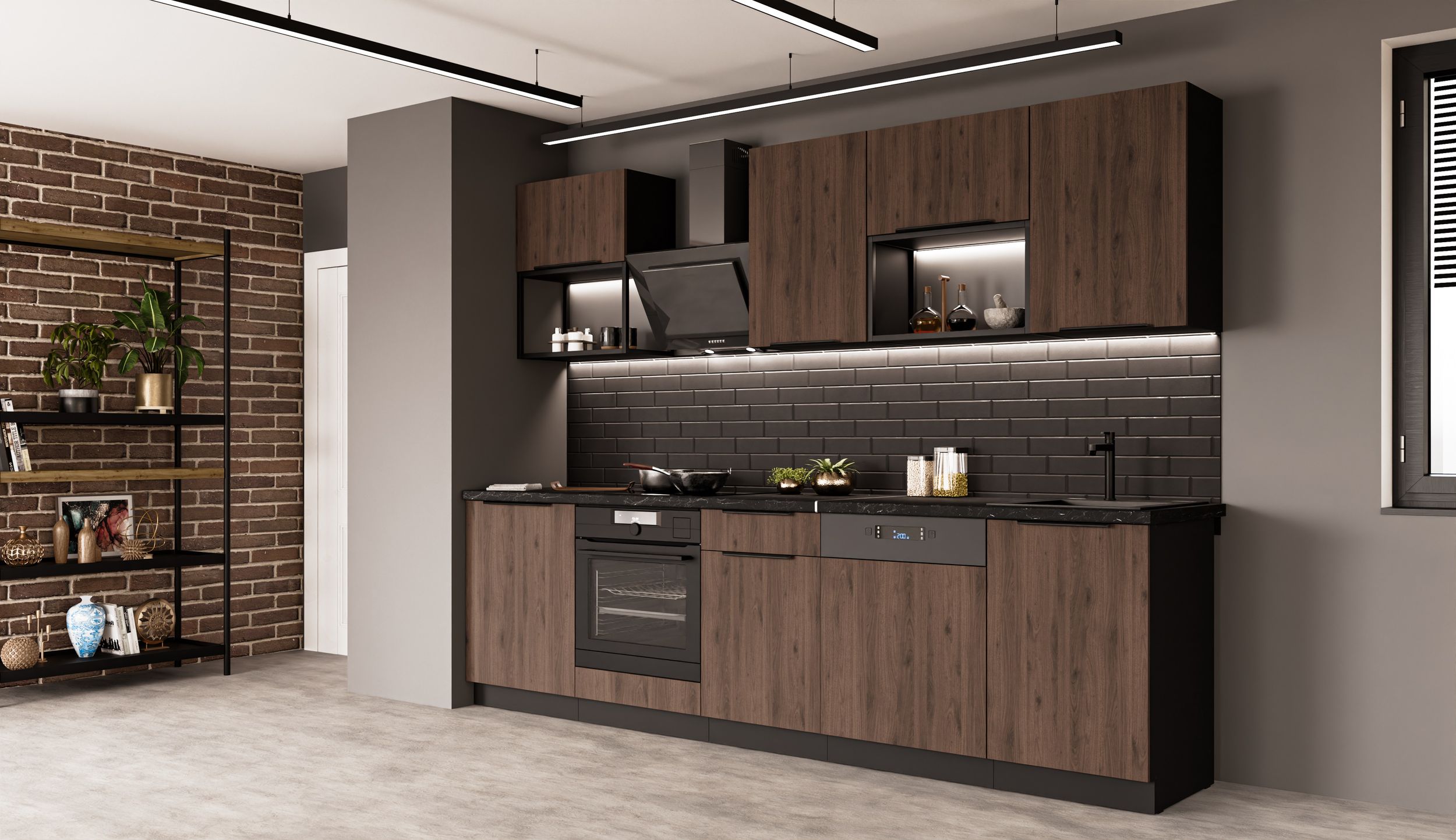 K&uuml;che MONZA BASIC LOFT 280 K&uuml;chenzeile K&uuml;chenblock Einbauk&uuml;che Nussbaum Schwarz - Bild 1