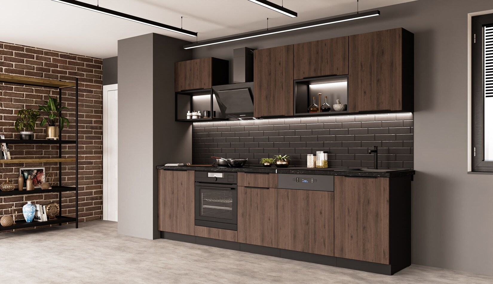 Küche MONZA BASIC LOFT 280 Küchenzeile Küchenblock Einbauküche Nussbaum Schwarz | 04255832101791