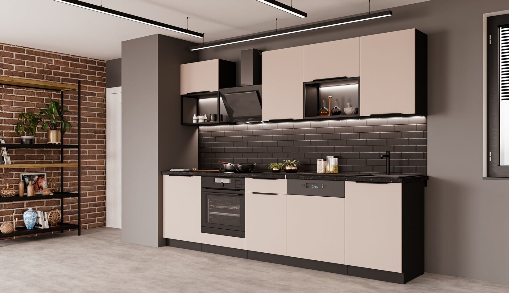 Küche ARONA BASIC LOFT 280 Küchenzeile Küchenblock Einbauküche Kaschmir Schwarz