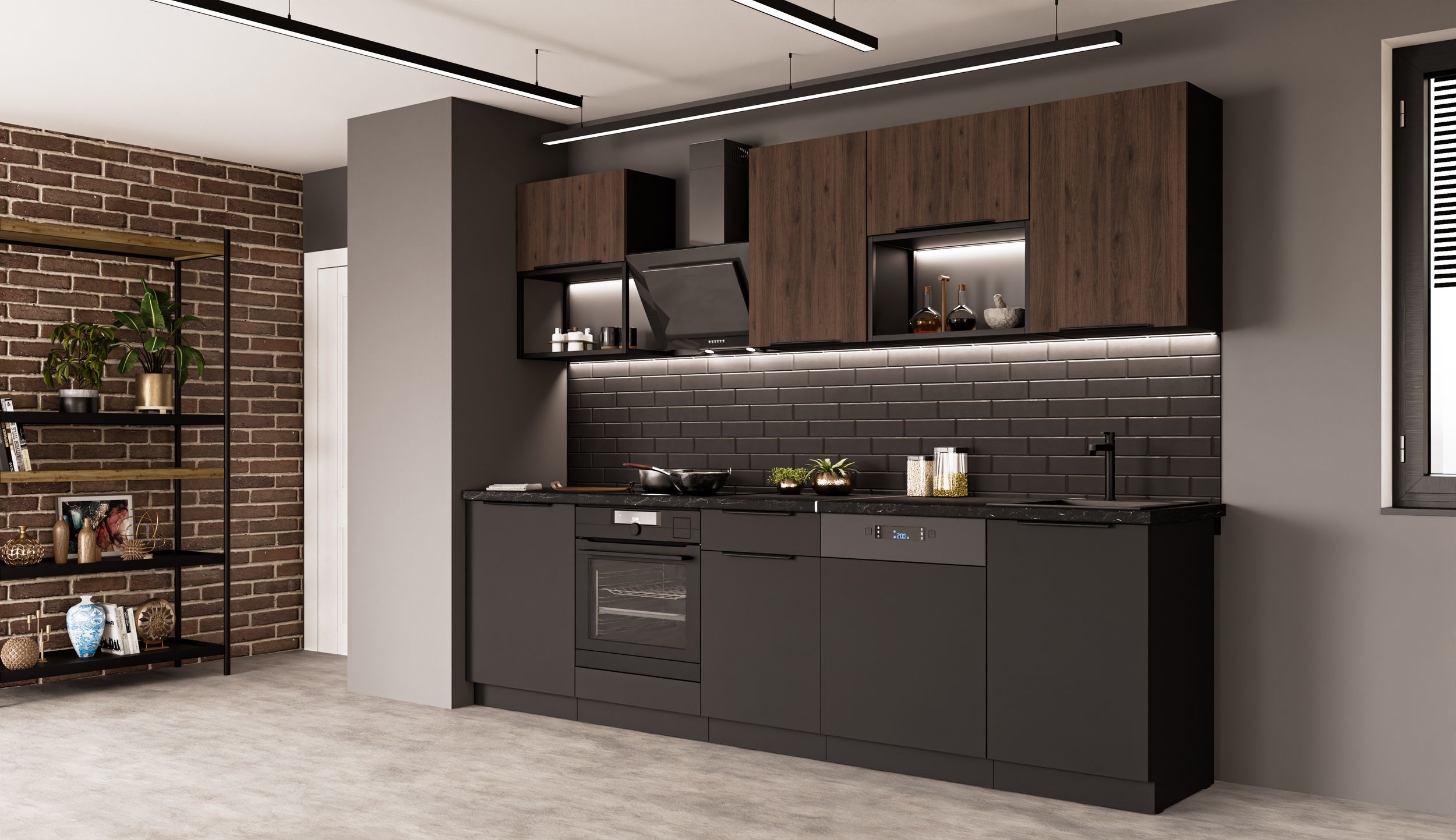 K&uuml;che SIENA + MONZA BASIC LOFT 280 K&uuml;chenzeile K&uuml;chenblock Einbauk&uuml;che Nussbaum - Bild 1