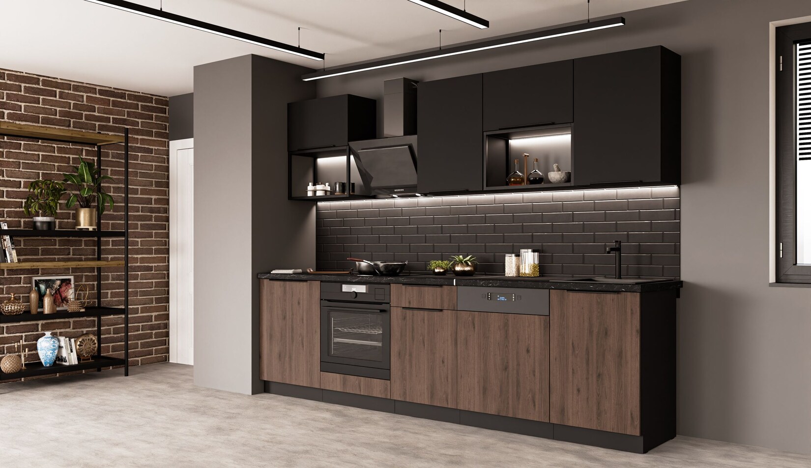 Küche MONZA + SIENA BASIC LOFT 280 Küchenzeile Küchenblock Nussbaum Schwarz matt | 04255832101838