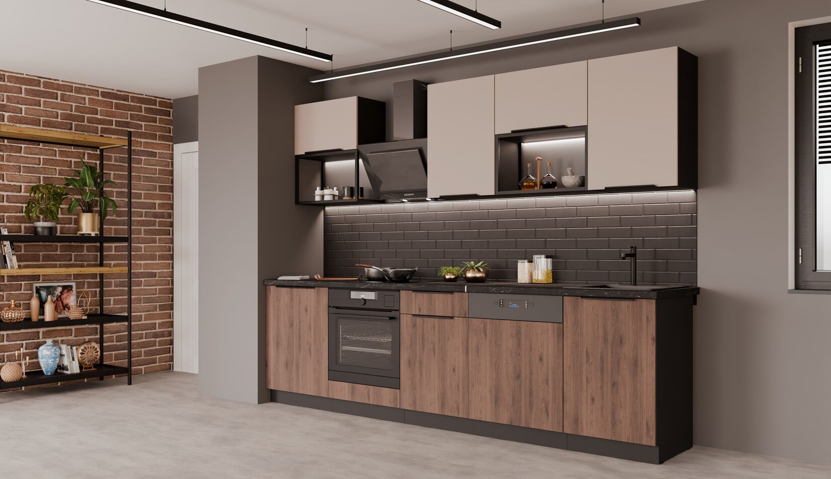 Küche MONZA + ARONA BASIC LOFT 280 Küchenzeile Küchenblock Nußbaum Kaschmir matt | 04255832101845