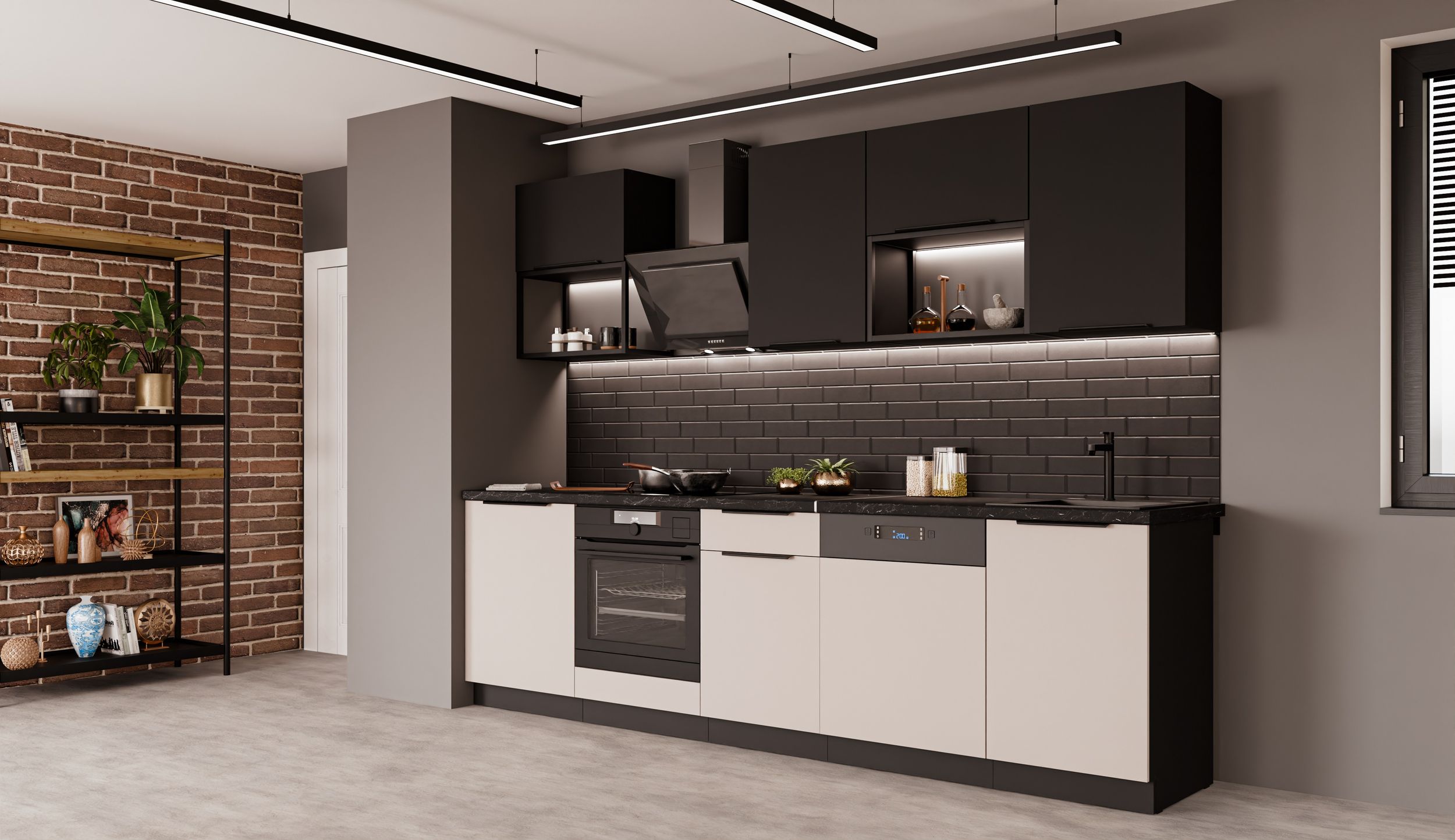 K&uuml;che ARONA + SIENA BASIC LOFT 280 cm K&uuml;chenzeile K&uuml;chenblock Kaschmir Schwarz - Bild 1