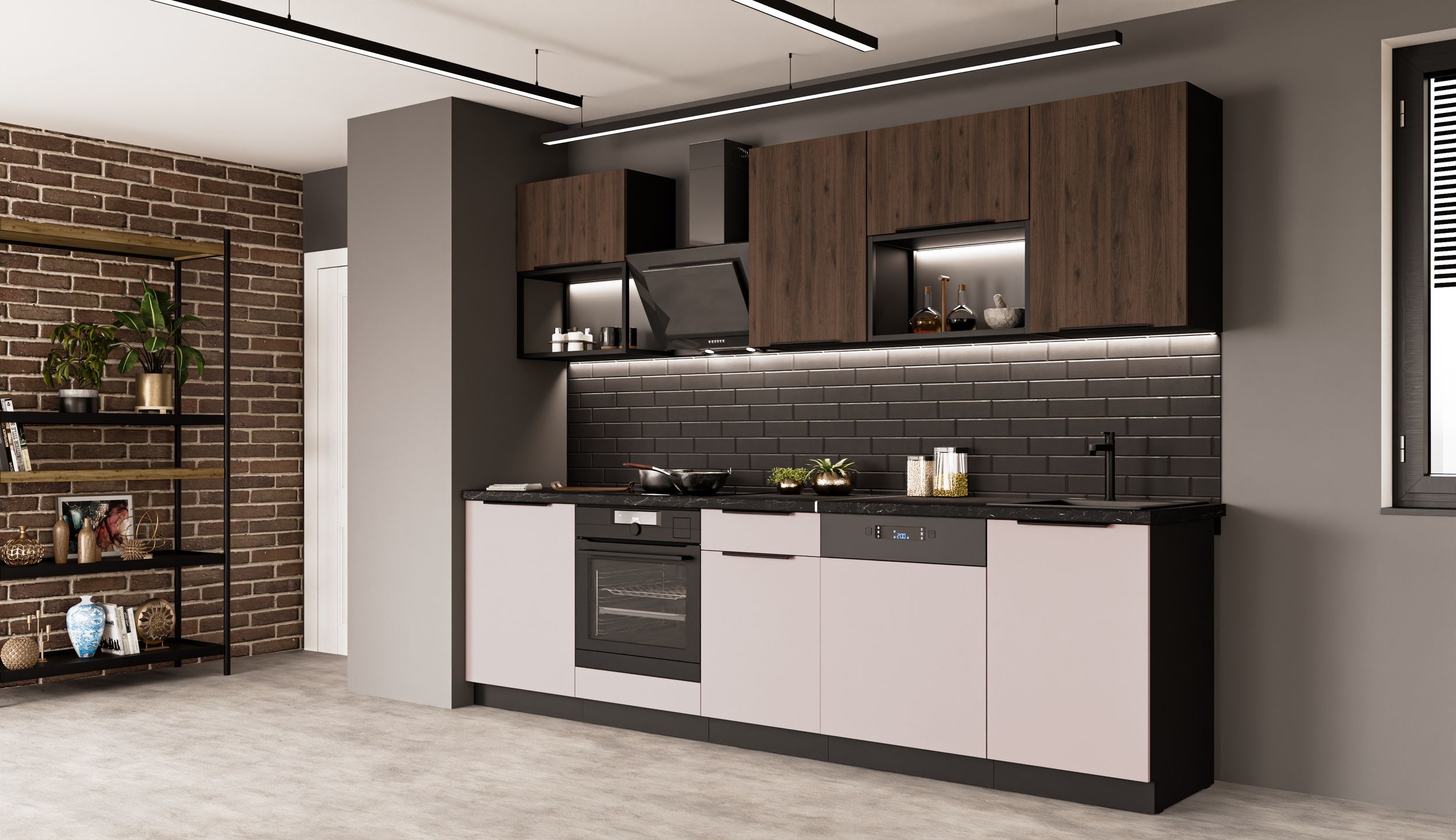 K&uuml;che ARONA + MONZA BASIC LOFT 280 cm K&uuml;chenzeile K&uuml;chenblock Nu&szlig;baum Kaschmir - Bild 1