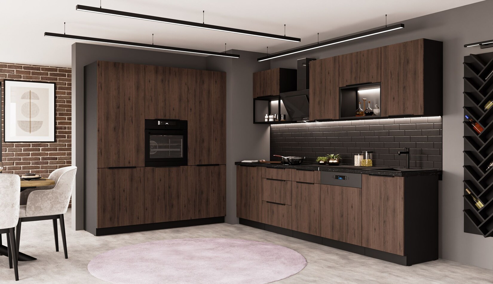 Küche MONZA LOFT 280 + 180 Küchenzeile Küchenblock Nussbaum Okapi Schwarz | 04255832101883