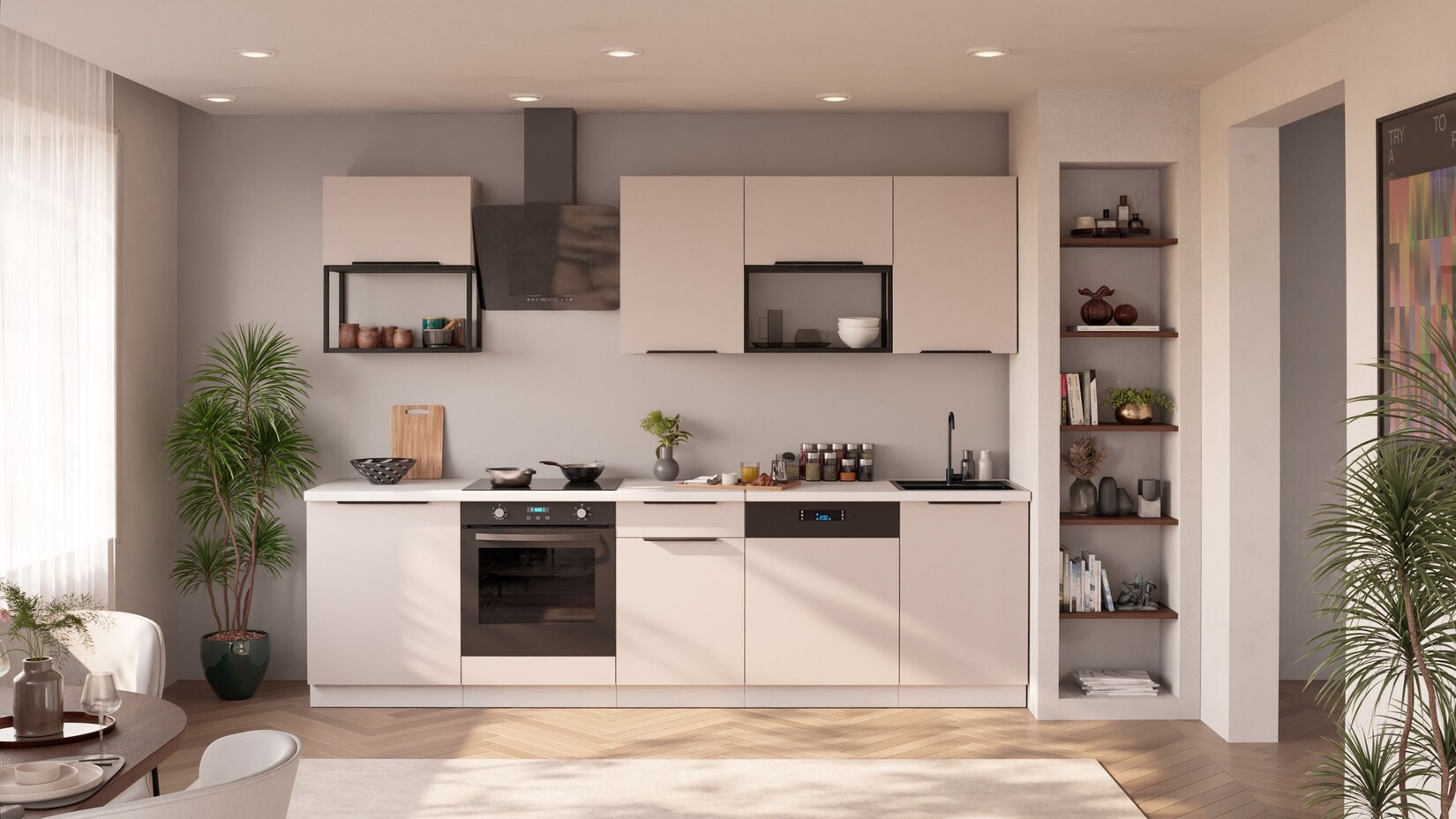Küche COMO BASIC LOFT 280 cm Küchenzeile Küchenblock Einbauküche Kaschmir + Weiß