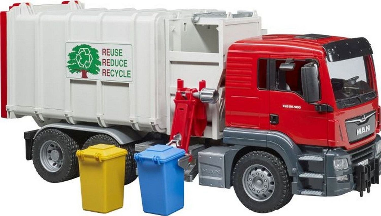 Bruder bruder 03761 MAN TGS Seitenlader Müll-LKW und 2 Mülltonnen