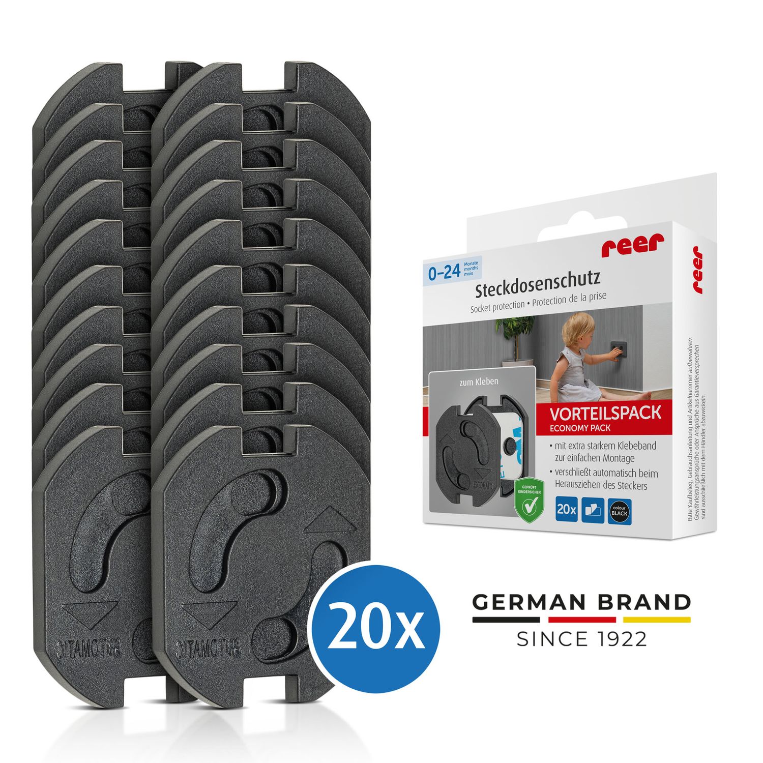 reer [20er Pack] Steckdosenschutz klebbar Schwarz - Bild 1