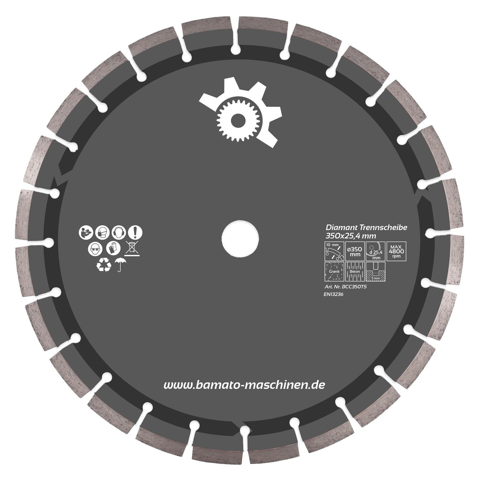 Diamant-Trennscheibe 350 x 25,4 mm   Diamanttrennscheibe für Beton, Stein, Granit, uvm.   10 mm Segmente