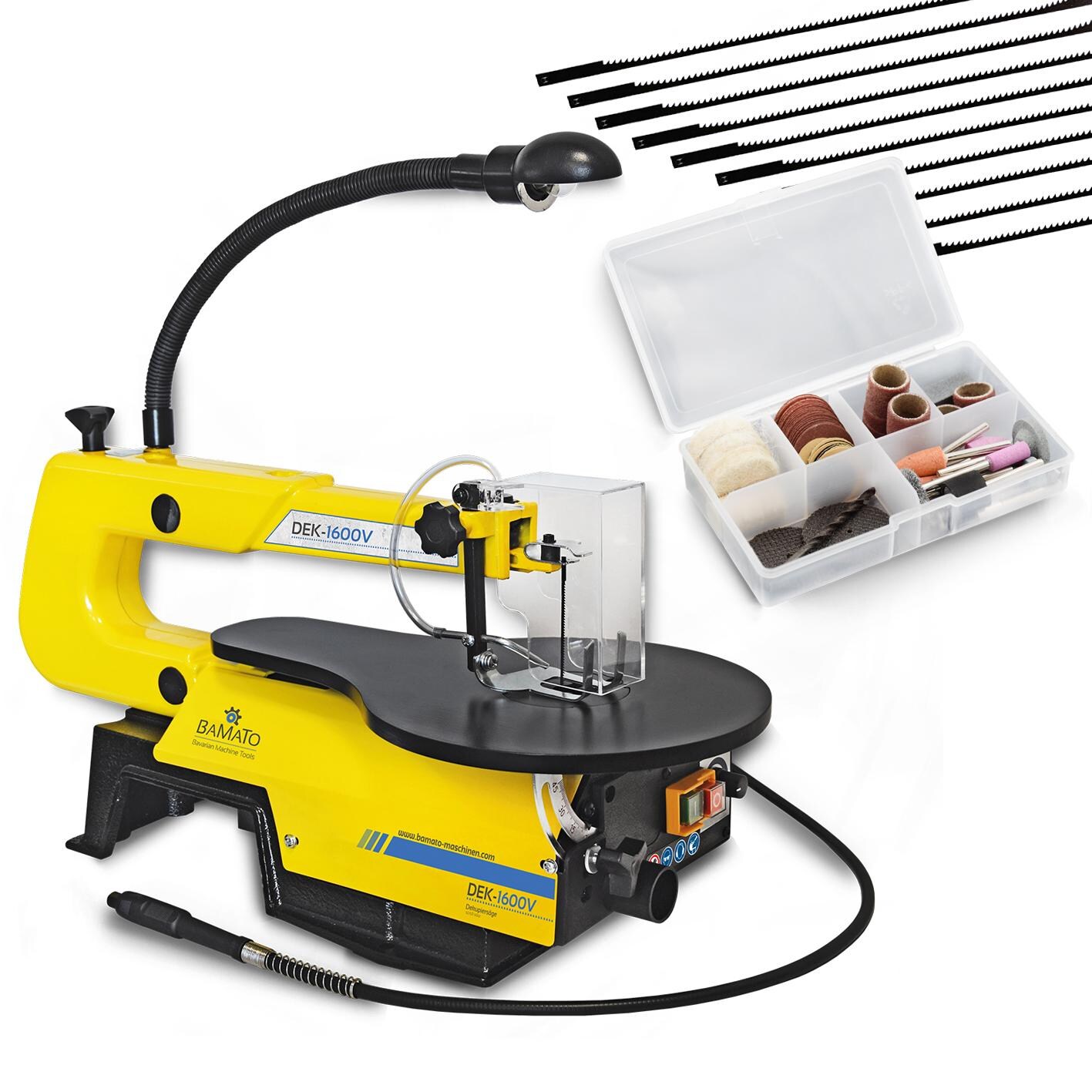 BAMATO Dekupiersäge DEK-1600V inkl. 10 Sägeblätter und 64 tlg. Werkzeug-Set | 04260537614149