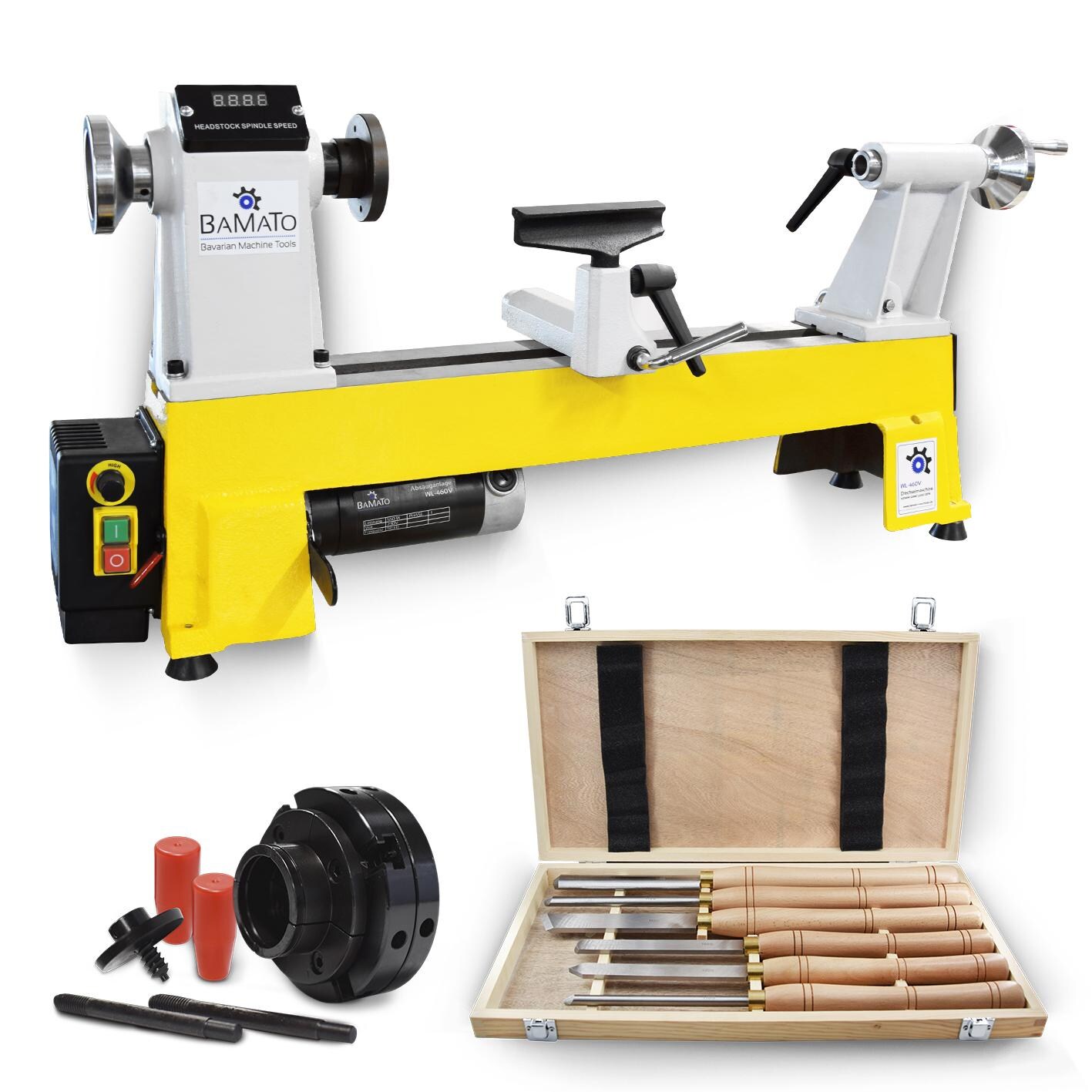 BAMATO Drechselmaschine WL-460V mit 6-tlg. HSS Drechselsatz und 4-Backenfutter | 04260537612053